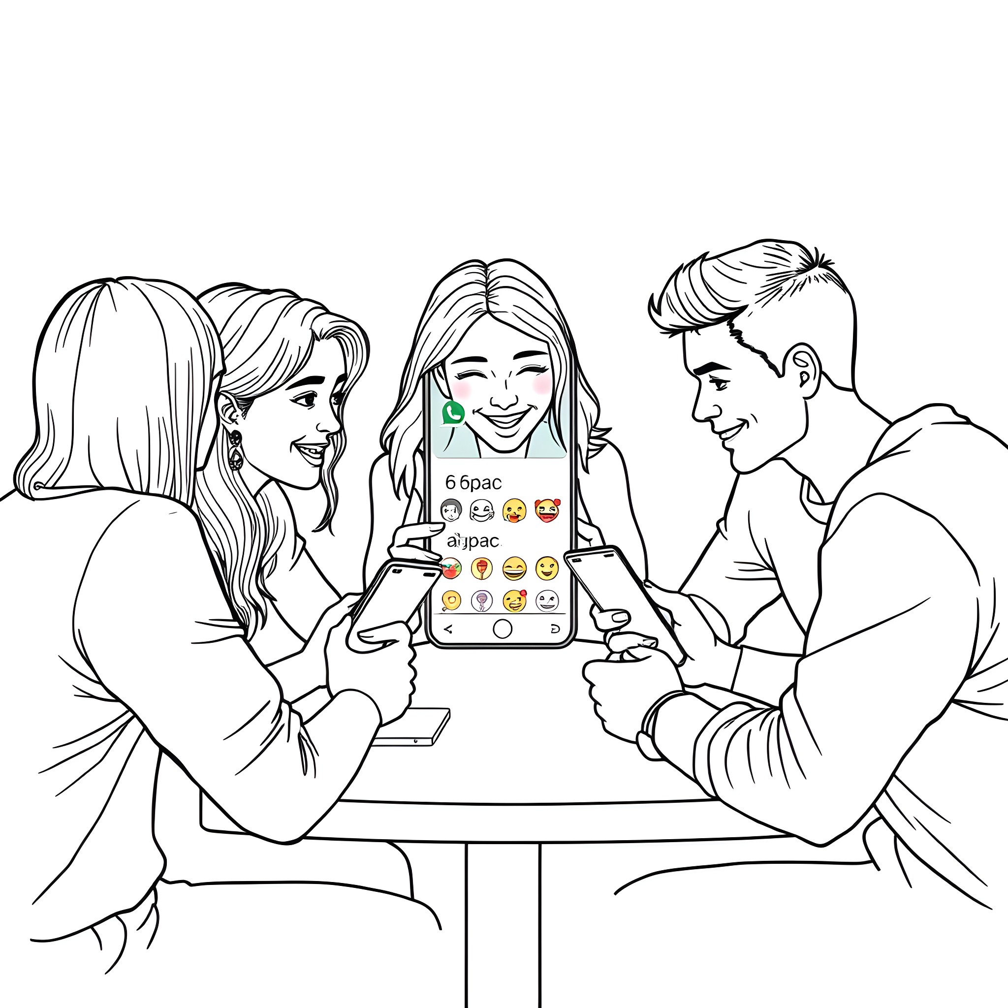 Man and woman using smartphone together Coloring Page (free black-and-white line drawing printable PDF for all, from beginners to advanced learners, including children, teens, adults, and seniors)