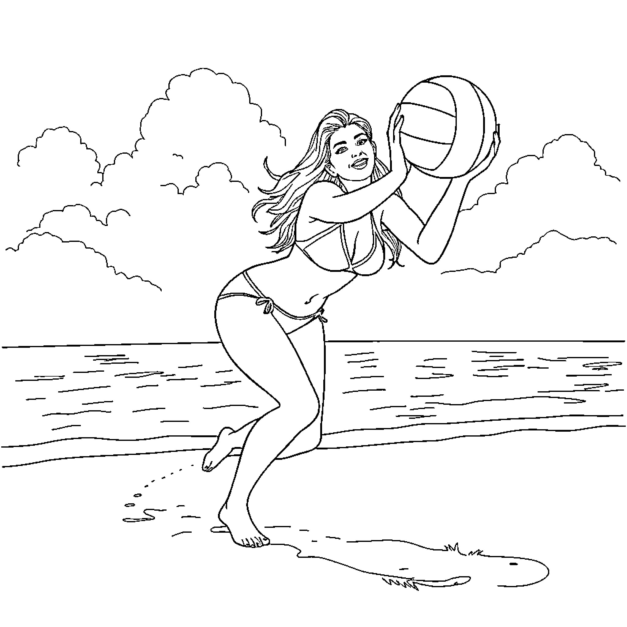 Volleyball player enjoying the beach Coloring Page (free black-and-white line drawing printable PDF for all, from beginners to advanced learners, including children, teens, adults, and seniors)