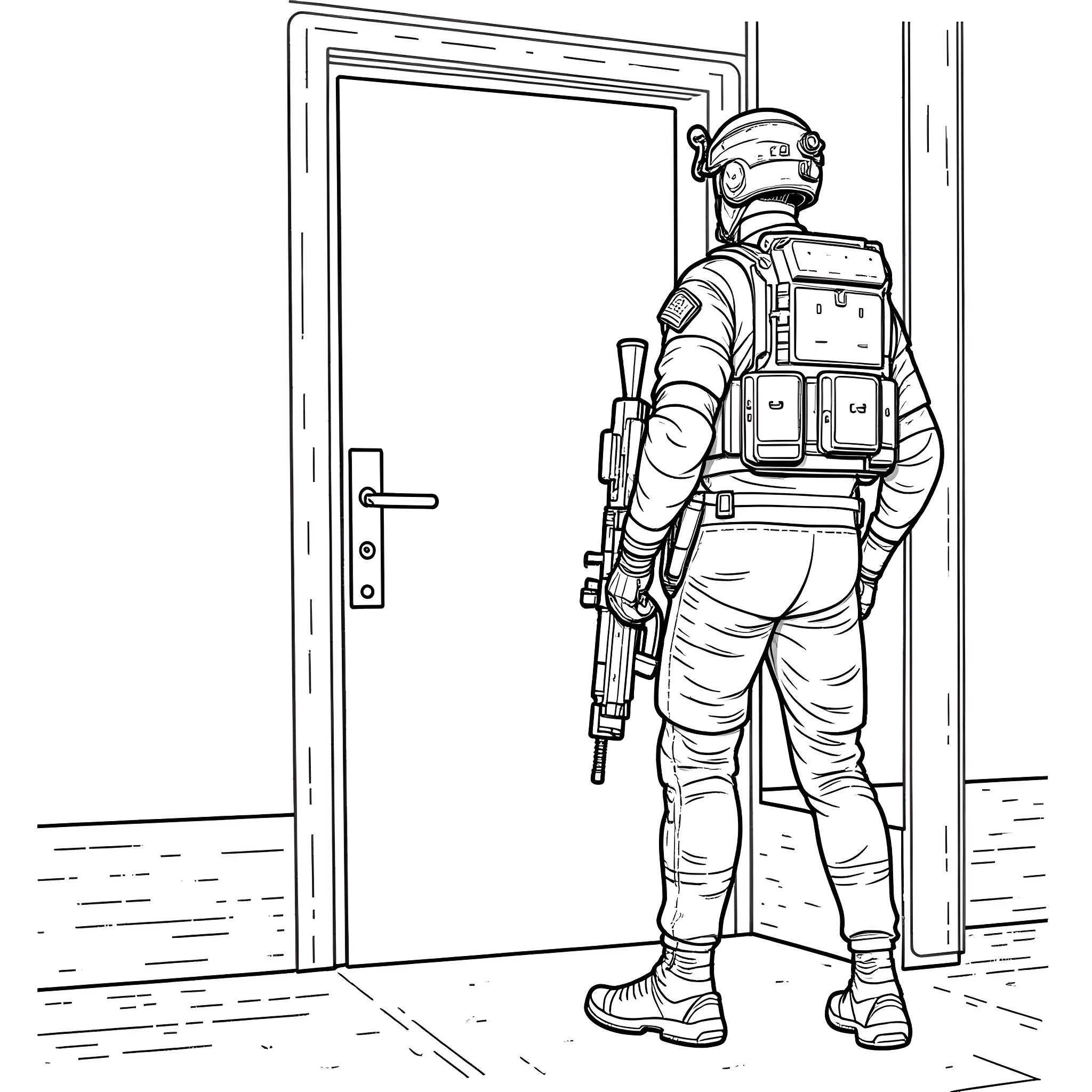 Soldier guarding an entrance with vigilance Coloring Page (free black-and-white line drawing printable PDF for all, from beginners to advanced learners, including children, teens, adults, and seniors)