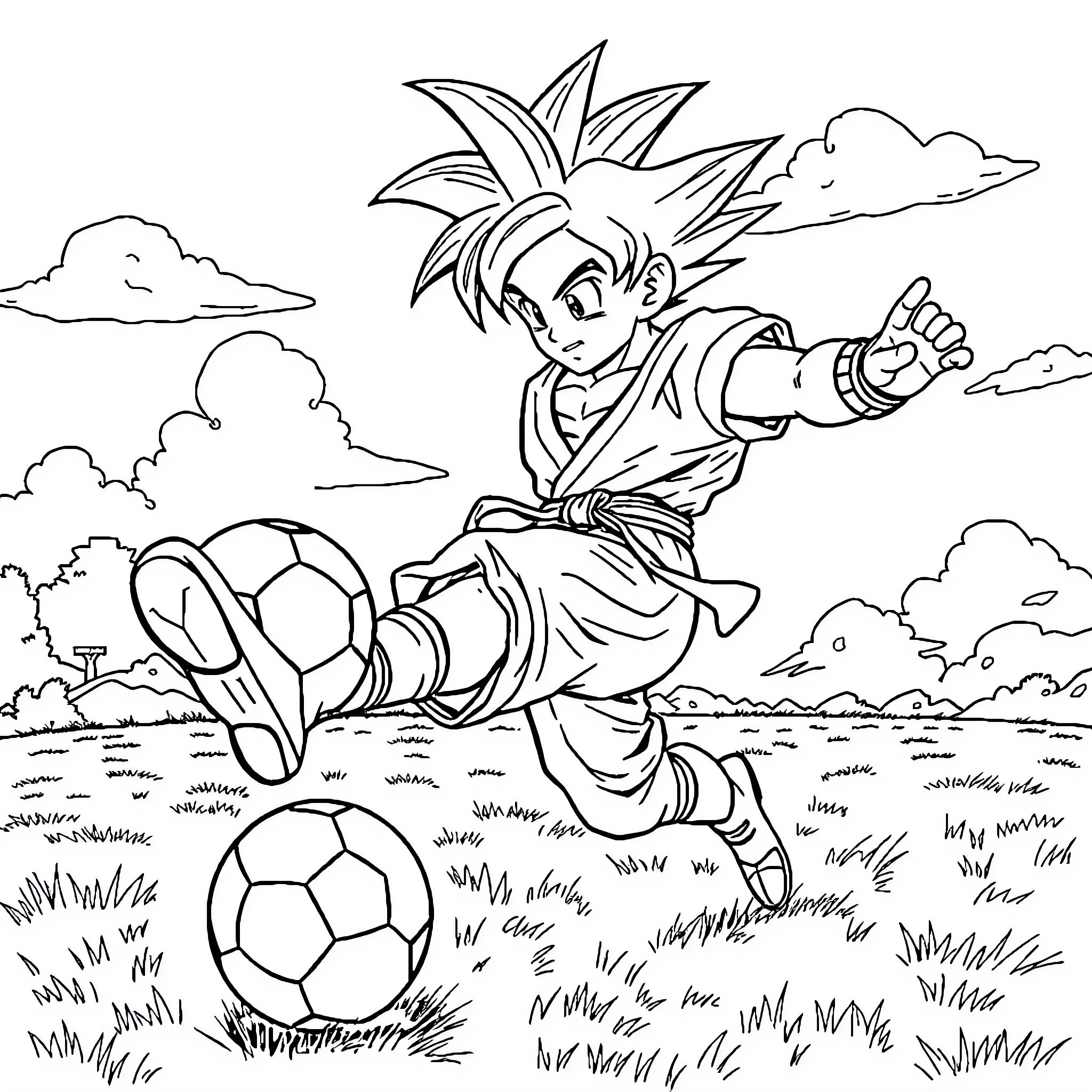 Son Goku Kicking a Soccer Ball in the Meadow Coloring Page (free black-and-white line drawing printable PDF for all, from beginners to advanced learners, including children, teens, adults, and seniors)