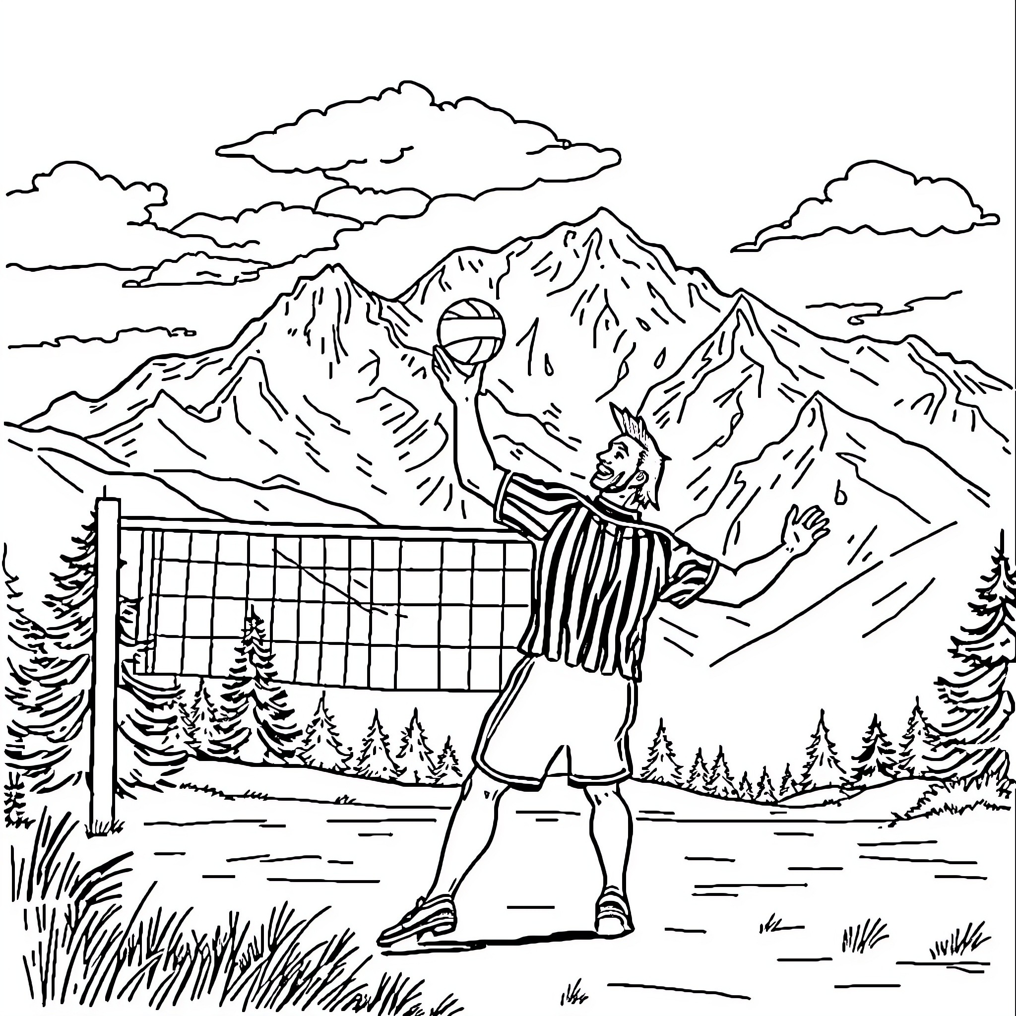 Master Chief Plays Volleyball in Snowy Mountain Landscape Coloring Page (free black-and-white line drawing printable PDF for all, from beginners to advanced learners, including children, teens, adults, and seniors)