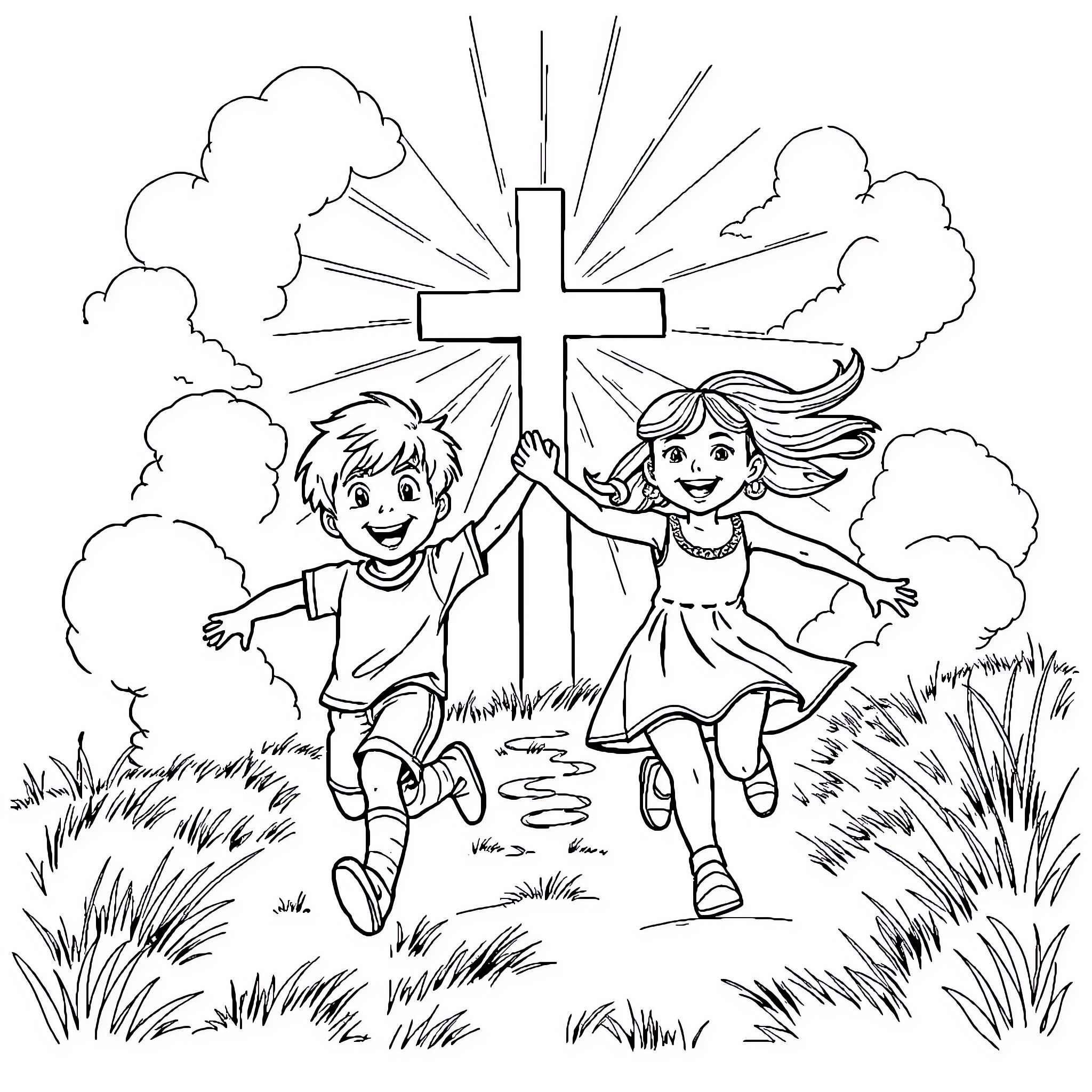 Boy and Girl Joyfully Running Towards Cross Coloring Page (free black-and-white line drawing printable PDF for all, from beginners to advanced learners, including children, teens, adults, and seniors)