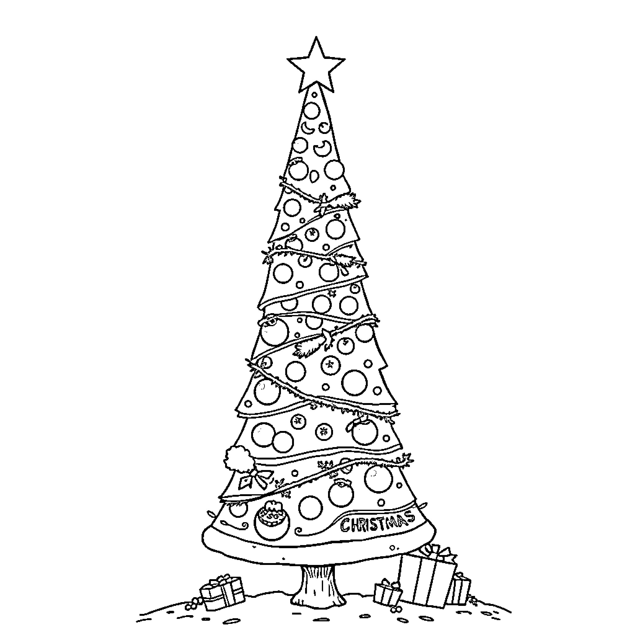 Pizza-Themed Christmas Tree with Ornaments Coloring Page (free black-and-white line drawing printable PDF for all, from beginners to advanced learners, including children, teens, adults, and seniors)