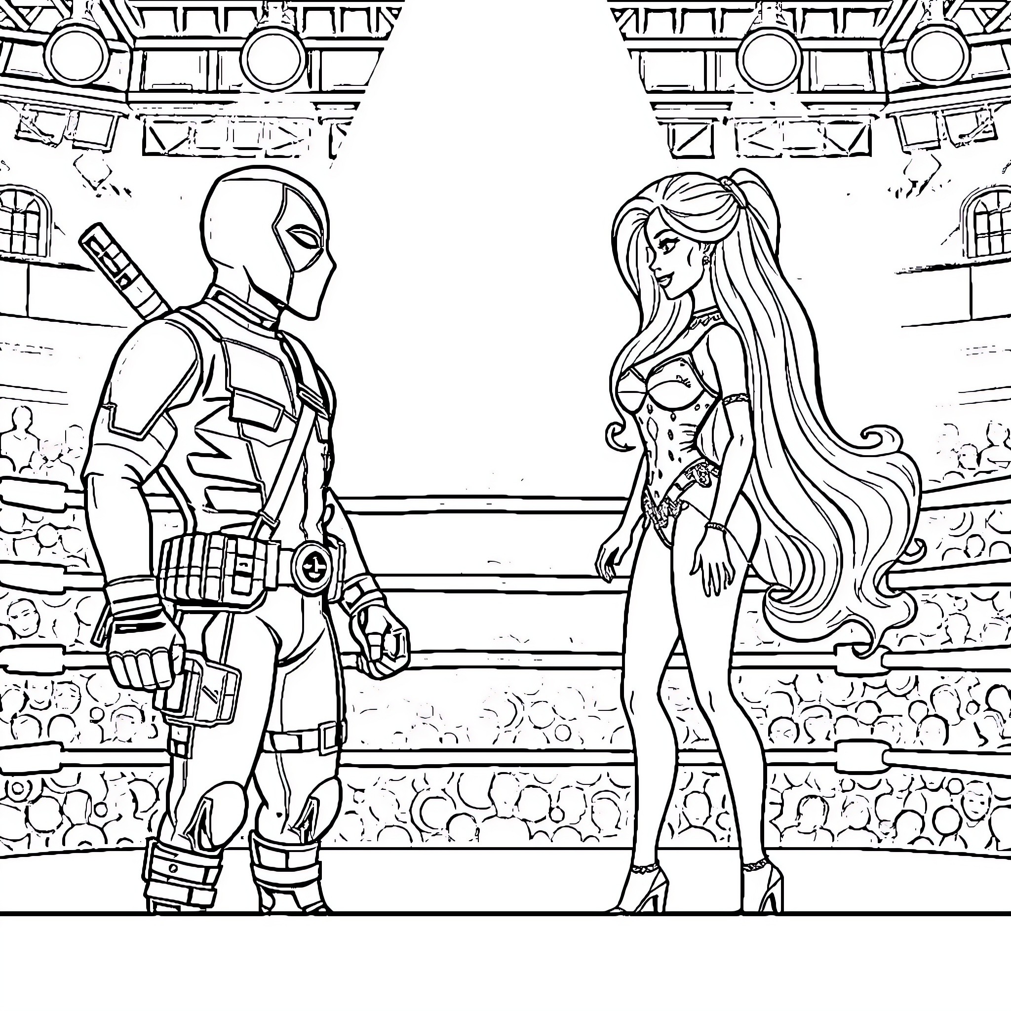 Deadpool and Superheroine in Action-Packed Encounter Coloring Page (free black-and-white line drawing printable PDF for all, from beginners to advanced learners, including children, teens, adults, and seniors)