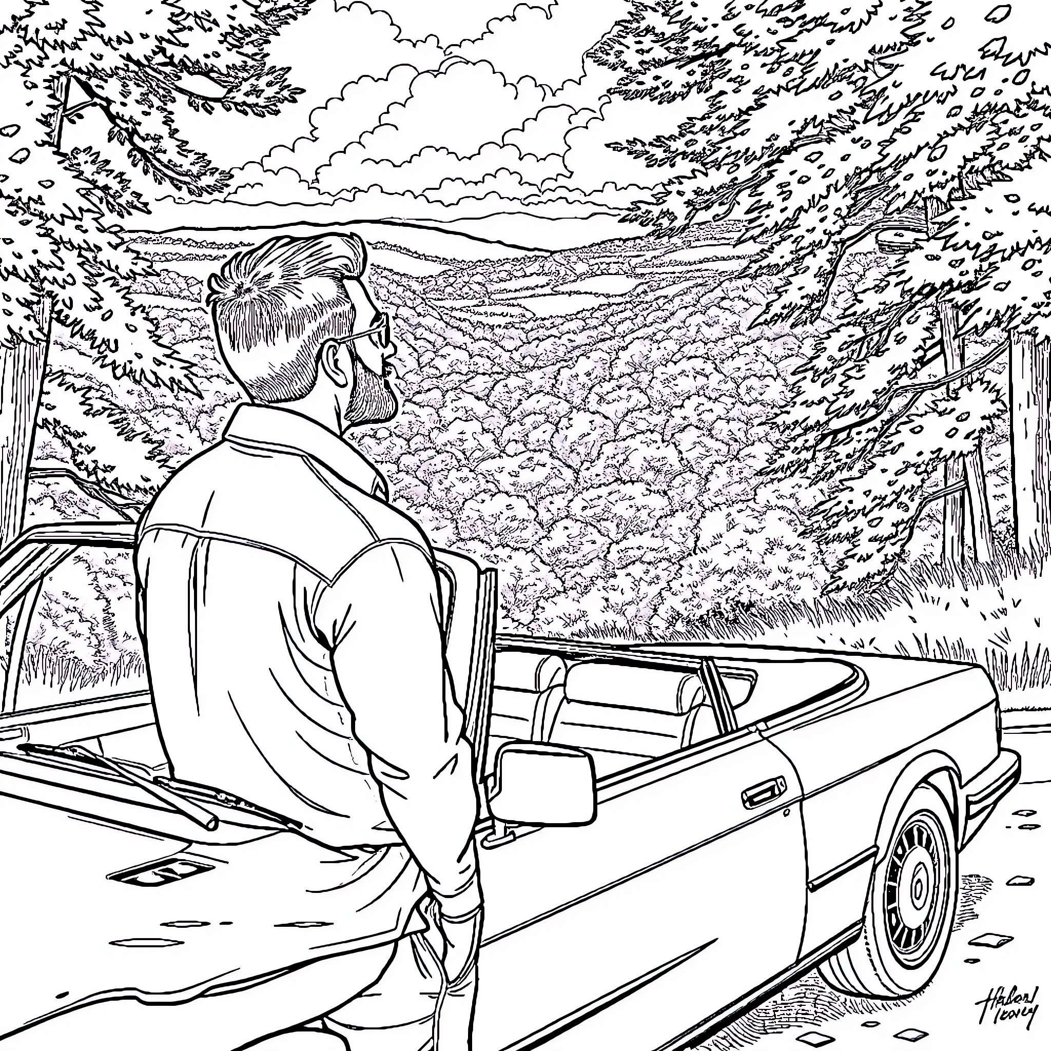 Man enjoys nature view from his car Coloring Page (free black-and-white line drawing printable PDF for all, from beginners to advanced learners, including children, teens, adults, and seniors)