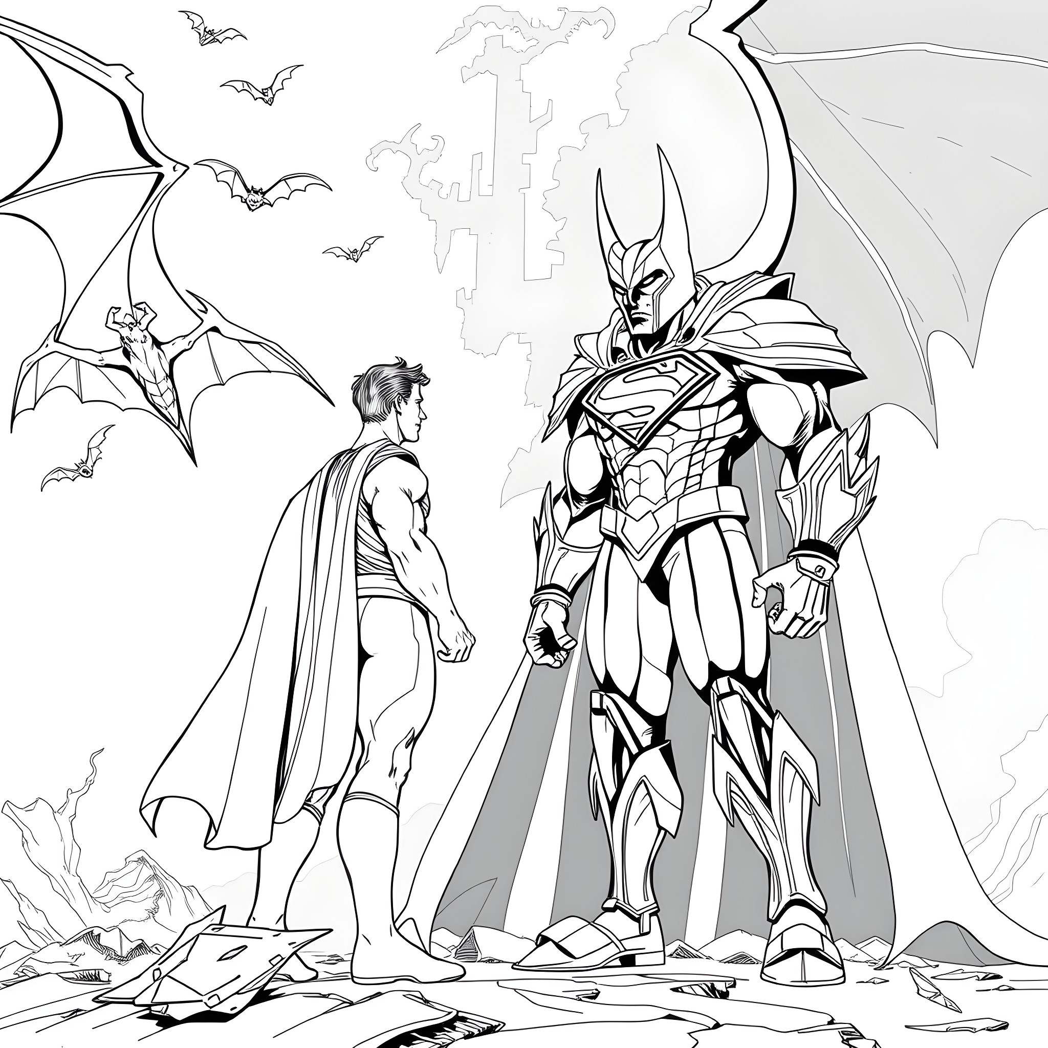 Superman and Batman Heroic Confrontation Coloring Page (free black-and-white line drawing printable PDF for all, from beginners to advanced learners, including children, teens, adults, and seniors)