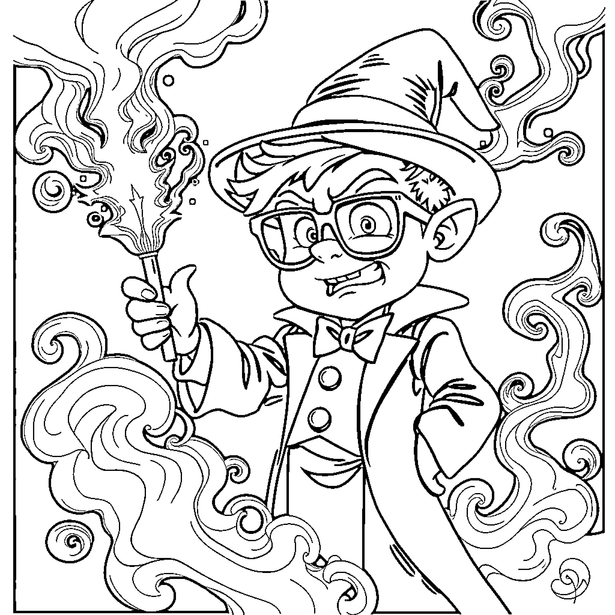 Kid Magician Performs Spellbinding Tricks in Whimsical Attire Coloring Page (free black-and-white line drawing printable PDF for all, from beginners to advanced learners, including children, teens, adults, and seniors)