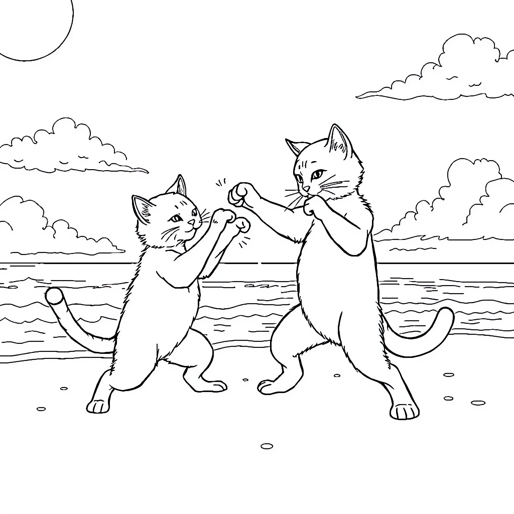 Cats playing on the beach Coloring Page (free black-and-white line drawing printable PDF for all, from beginners to advanced learners, including children, teens, adults, and seniors)