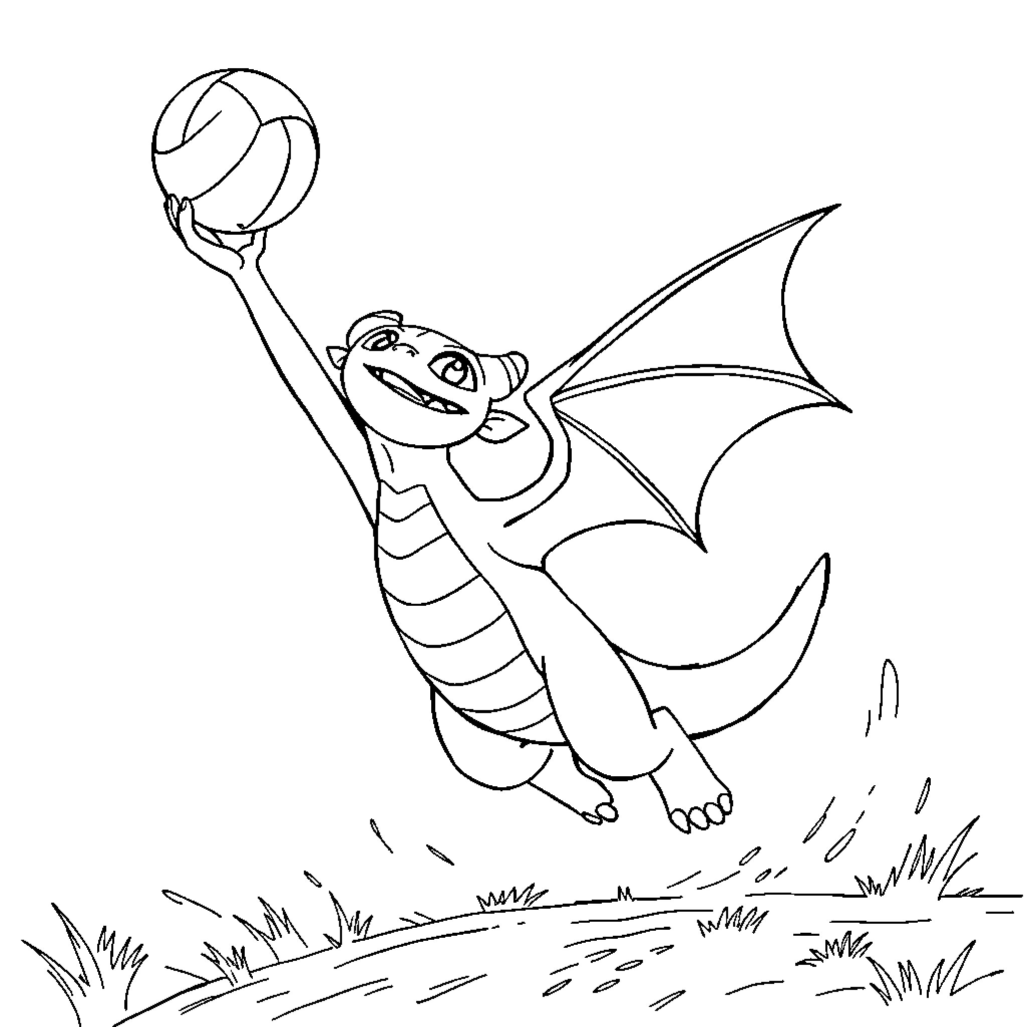 Toothless the dragon playing with a ball Coloring Page (free black-and-white line drawing printable PDF for all, from beginners to advanced learners, including children, teens, adults, and seniors)