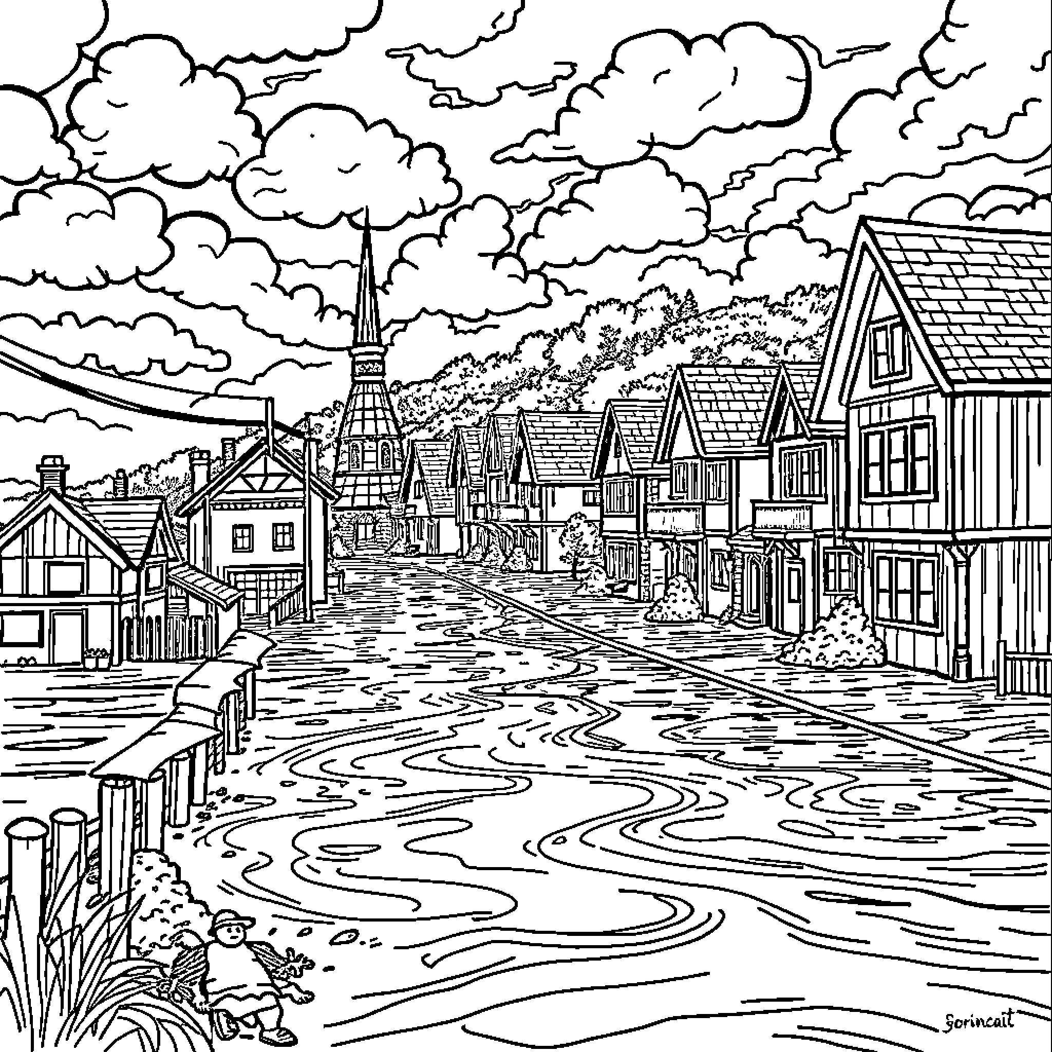 Town filled with bustling activity and charming architecture Coloring Page (free black-and-white line drawing printable PDF for all, from beginners to advanced learners, including children, teens, adults, and seniors)