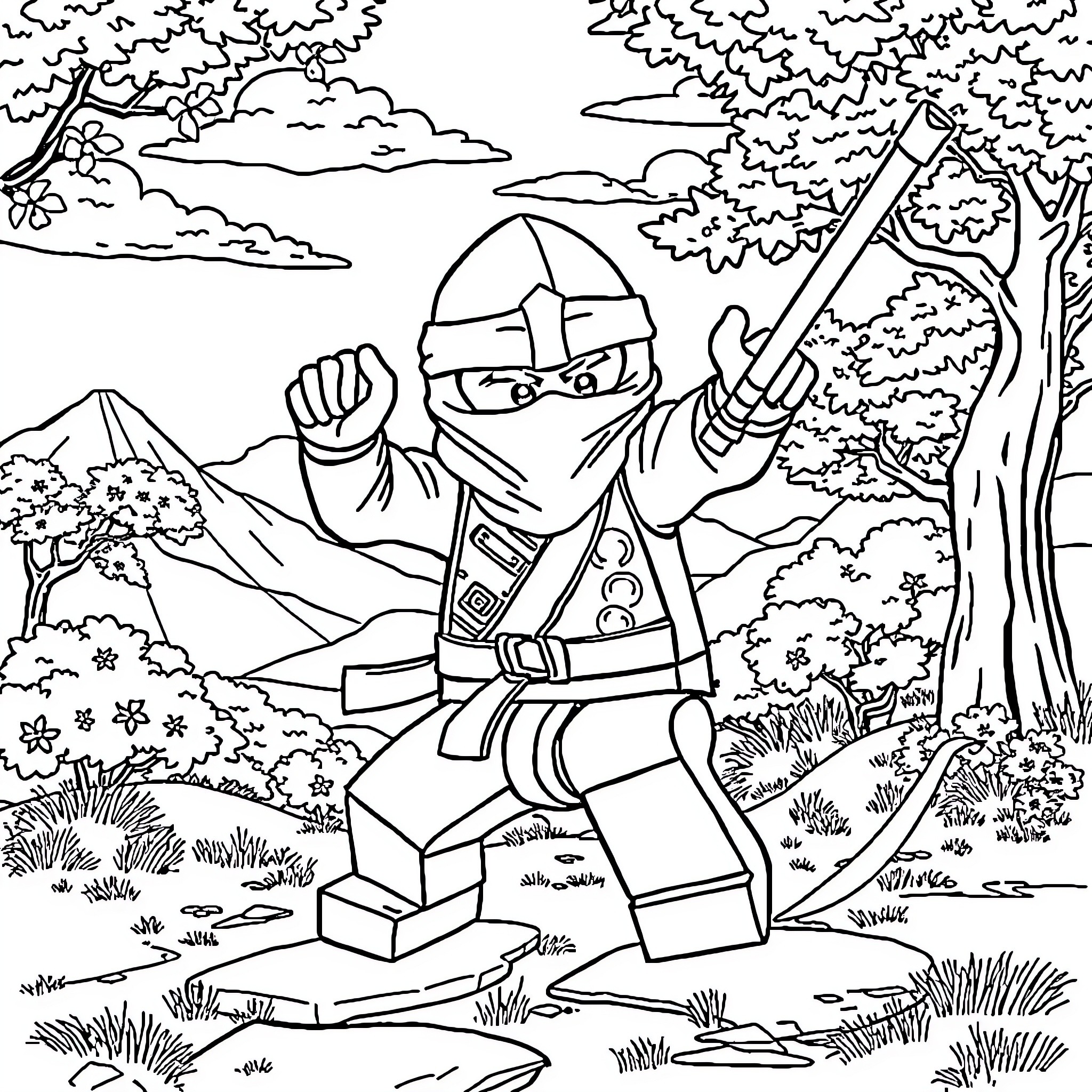 Ninja warrior in action in nature's setting Coloring Page (free black-and-white line drawing printable PDF for all, from beginners to advanced learners, including children, teens, adults, and seniors)