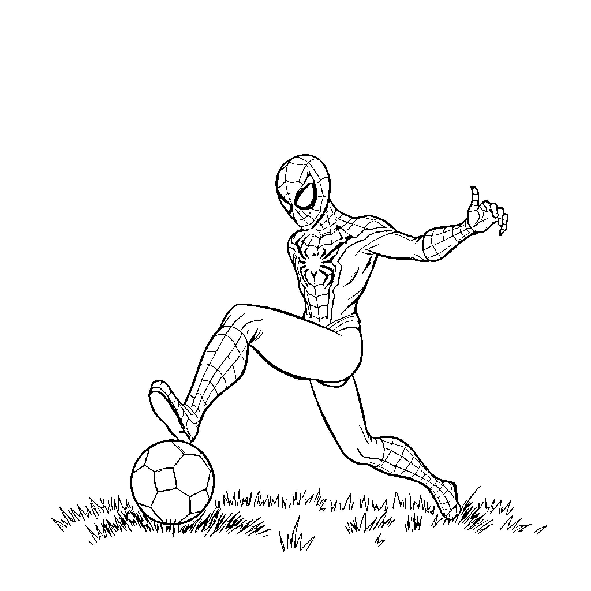 Spider-Man playing with a soccer ball Coloring Page (free black-and-white line drawing printable PDF for all, from beginners to advanced learners, including children, teens, adults, and seniors)