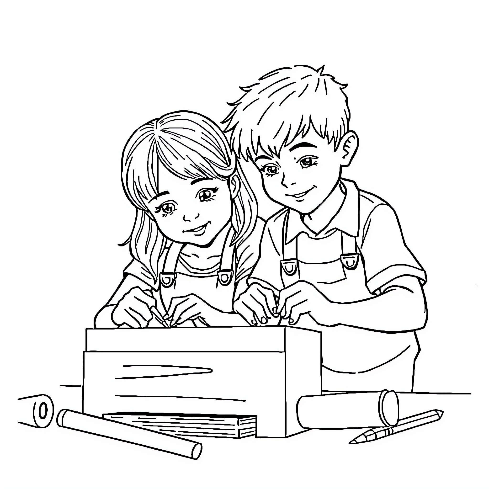 Girl and Boy Building Together with Tools Coloring Page (free black-and-white line drawing printable PDF for all, from beginners to advanced learners, including children, teens, adults, and seniors)