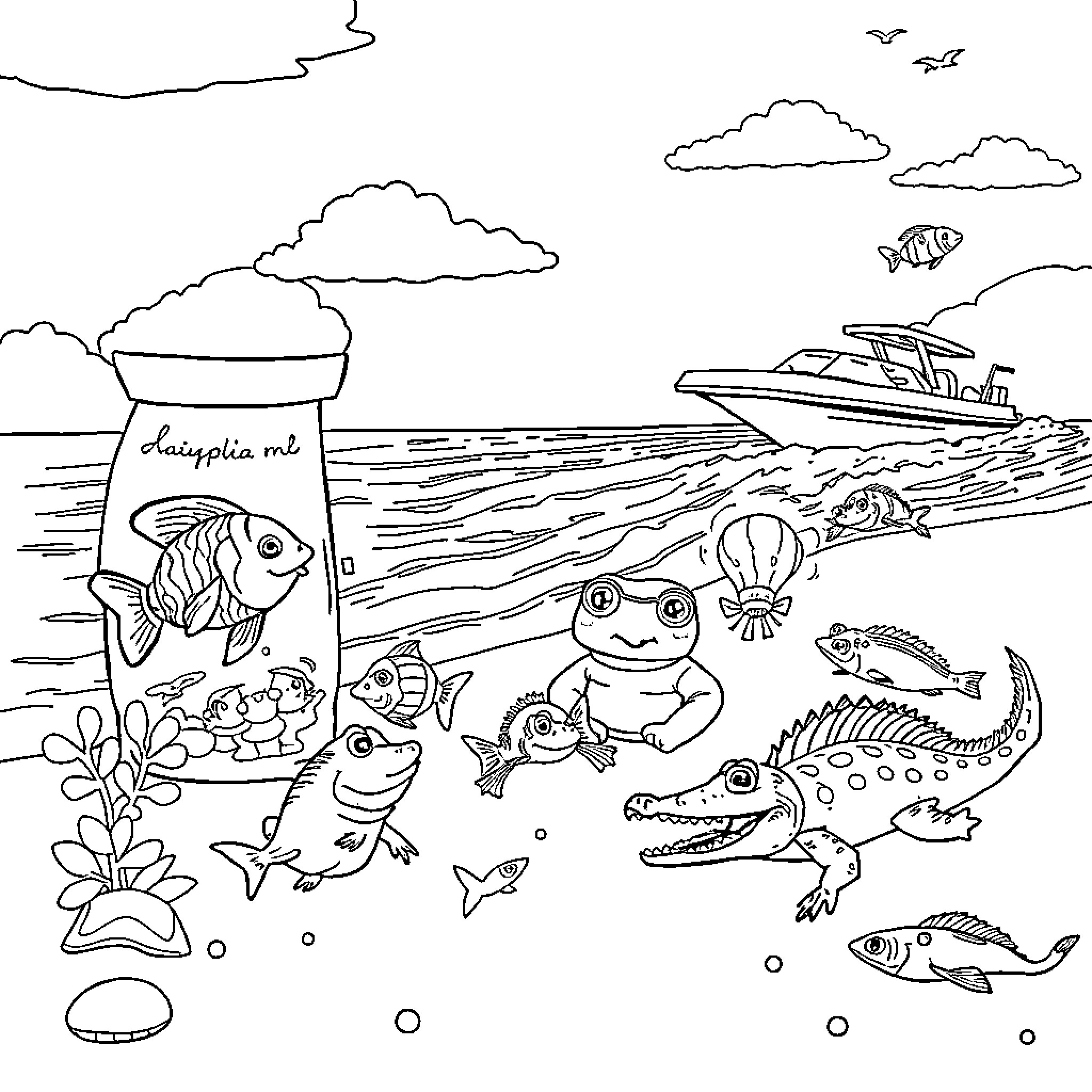 Fish in an underwater scene with boats and sea creatures Coloring Page (free black-and-white line drawing printable PDF for all, from beginners to advanced learners, including children, teens, adults, and seniors)