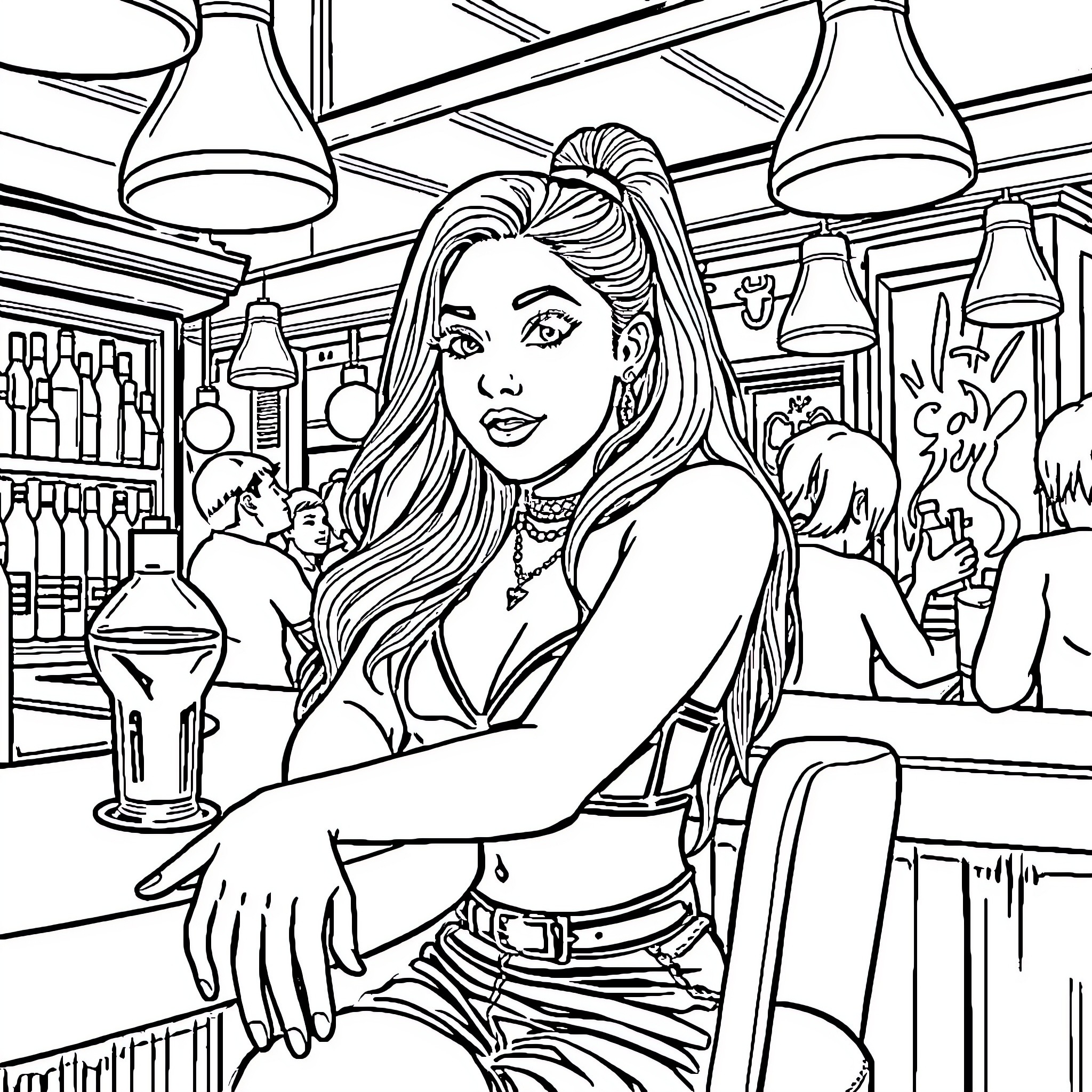 Ariana Grande in a stylish bar setting Coloring Page (free black-and-white line drawing printable PDF for all, from beginners to advanced learners, including children, teens, adults, and seniors)