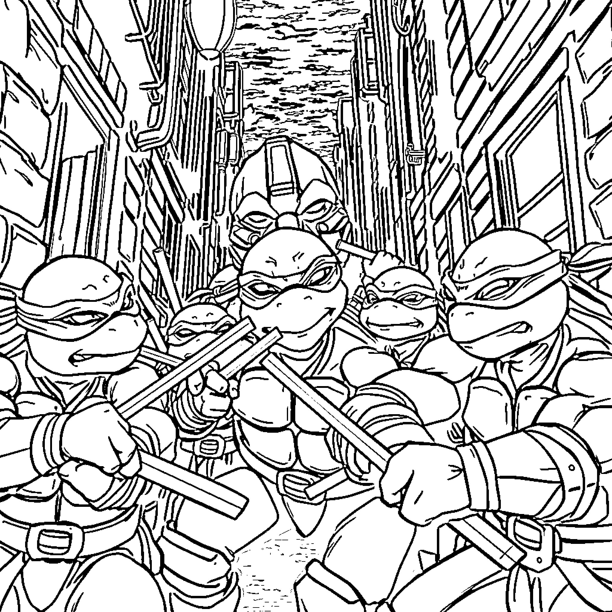 Ninja Turtles battling in the city streets Coloring Page (free black-and-white line drawing printable PDF for all, from beginners to advanced learners, including children, teens, adults, and seniors)