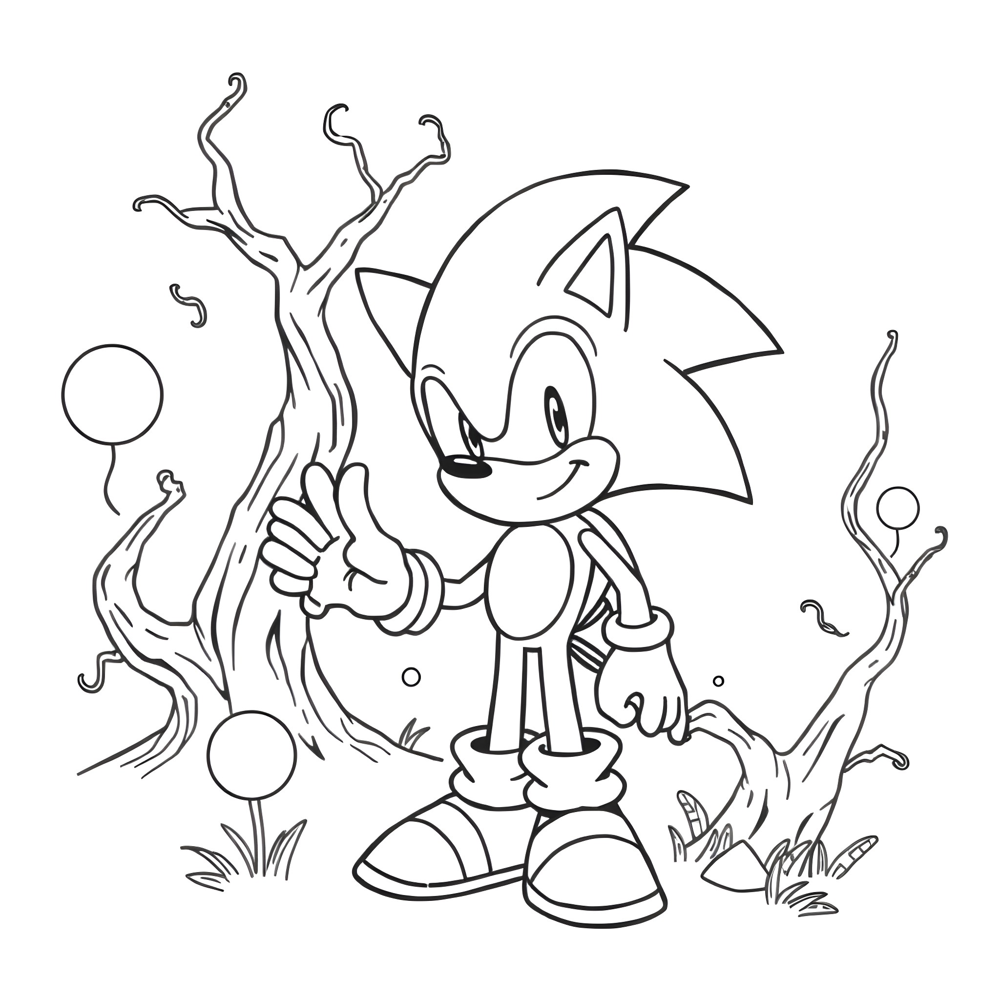 Sonic the Hedgehog exploring the forest Coloring Page (free black-and-white line drawing printable PDF for all, from beginners to advanced learners, including children, teens, adults, and seniors)