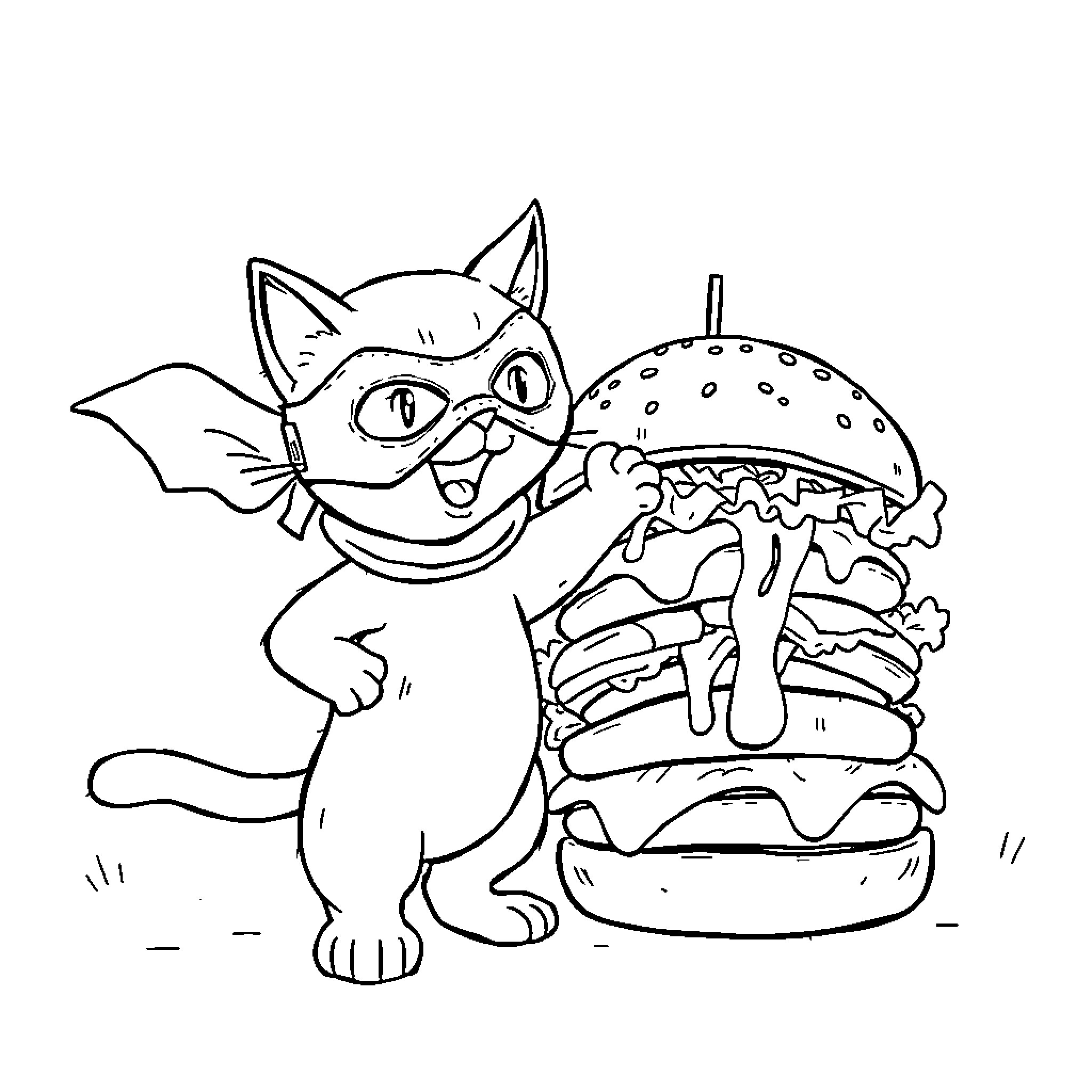 Cat with a Tasty Burger Coloring Page (free black-and-white line drawing printable PDF for all, from beginners to advanced learners, including children, teens, adults, and seniors)