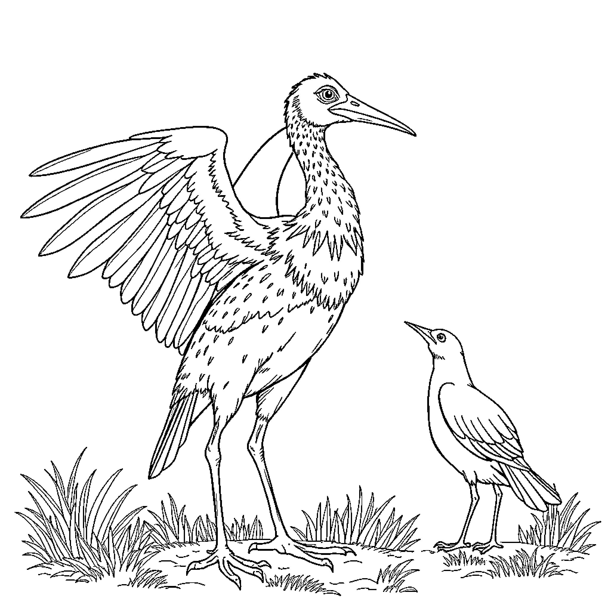 Bird spreading wings in a field Coloring Page (free black-and-white line drawing printable PDF for all, from beginners to advanced learners, including children, teens, adults, and seniors)