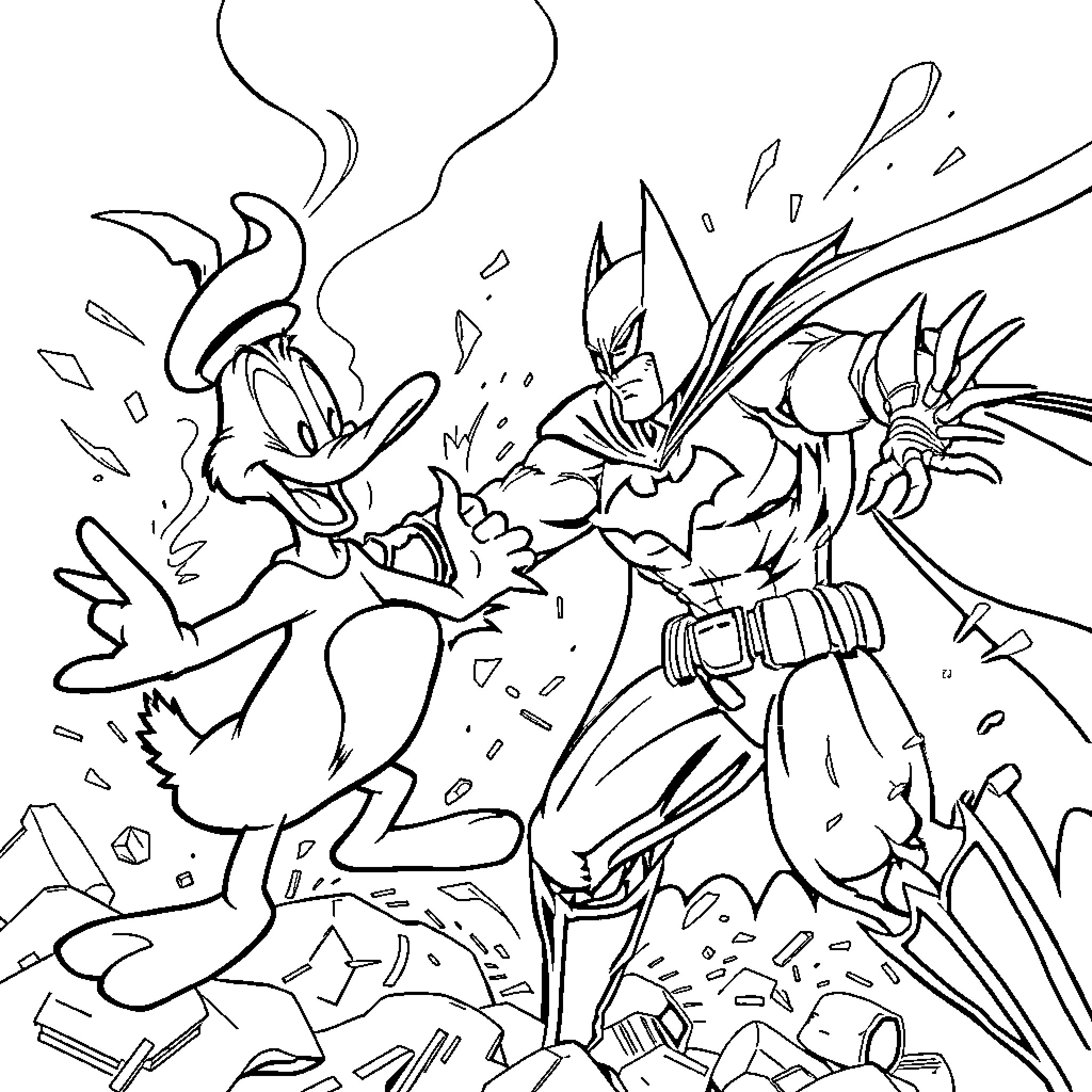 Batman engages in dynamic battle with villain Coloring Page (free black-and-white line drawing printable PDF for all, from beginners to advanced learners, including children, teens, adults, and seniors)