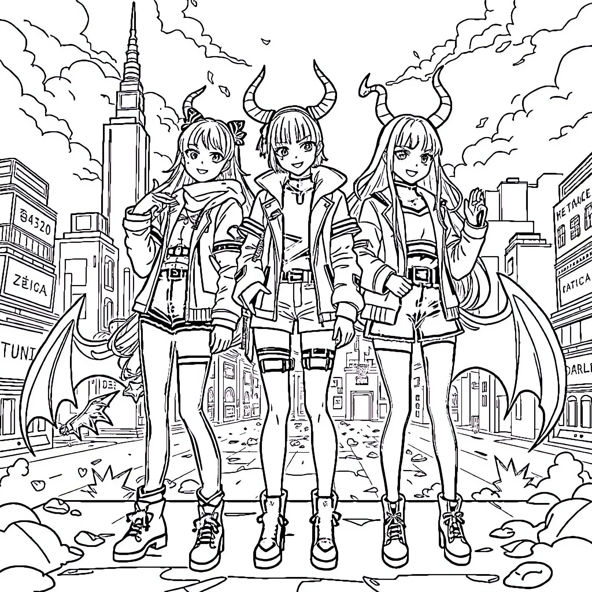 K Pop Characters Posing Playfully in Urban Setting Coloring Page (free black-and-white line drawing printable PDF for all, from beginners to advanced learners, including children, teens, adults, and seniors)