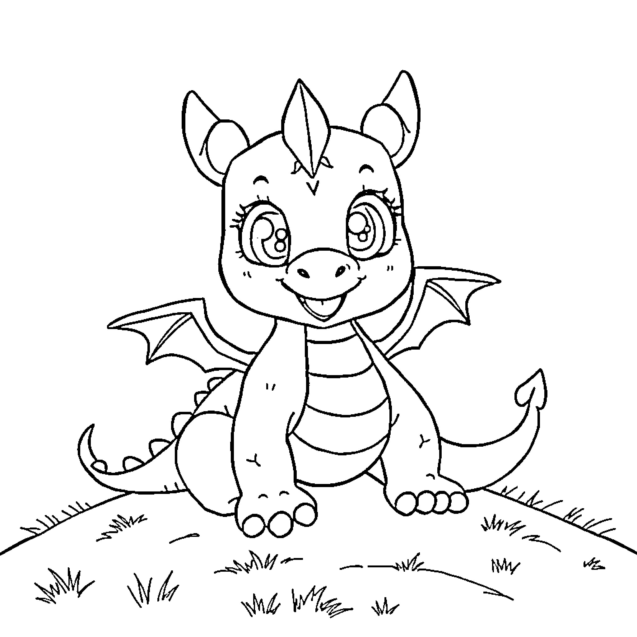 Dragon smiling happily in the meadow Coloring Page (free black-and-white line drawing printable PDF for all, from beginners to advanced learners, including children, teens, adults, and seniors)