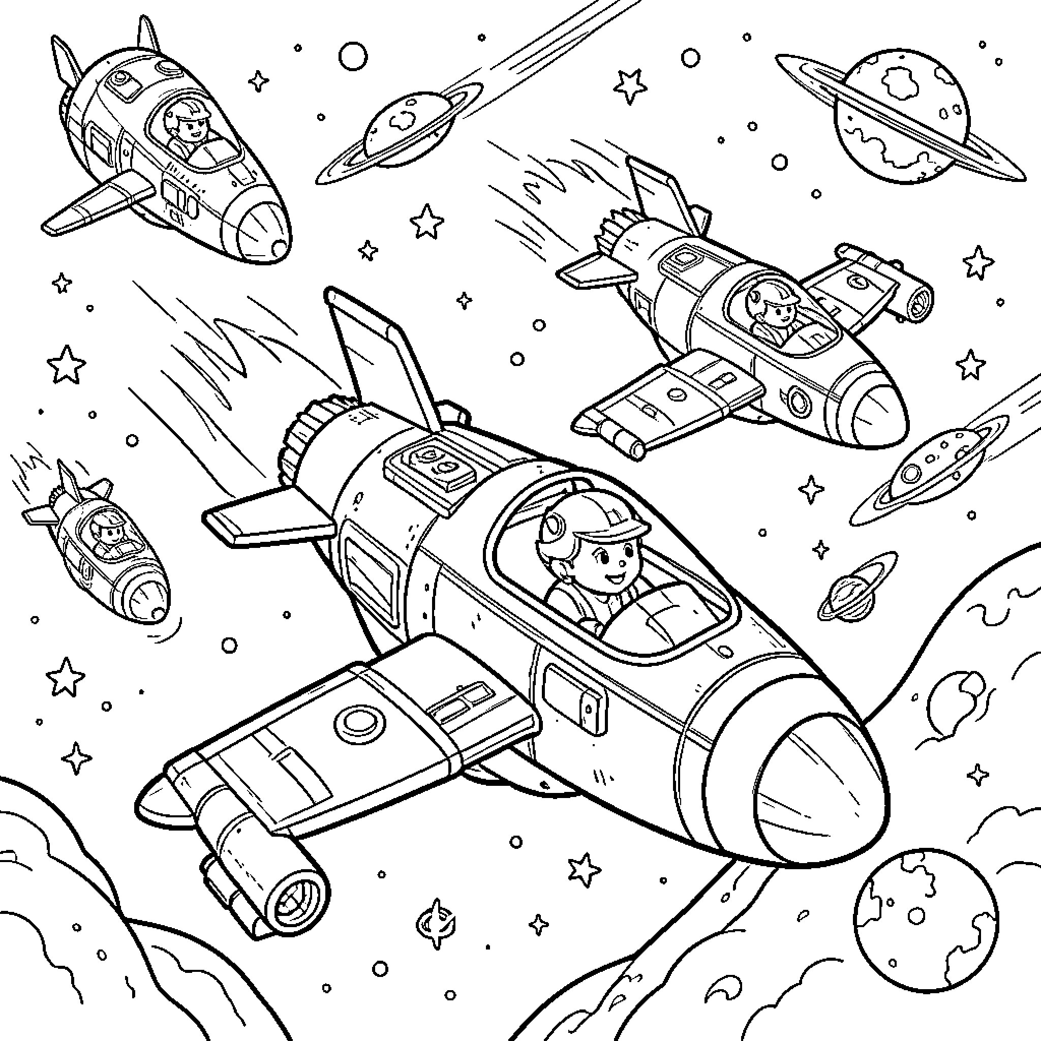 Paw Patrol characters flying spaceships through outer space Coloring Page (free black-and-white line drawing printable PDF for all, from beginners to advanced learners, including children, teens, adults, and seniors)