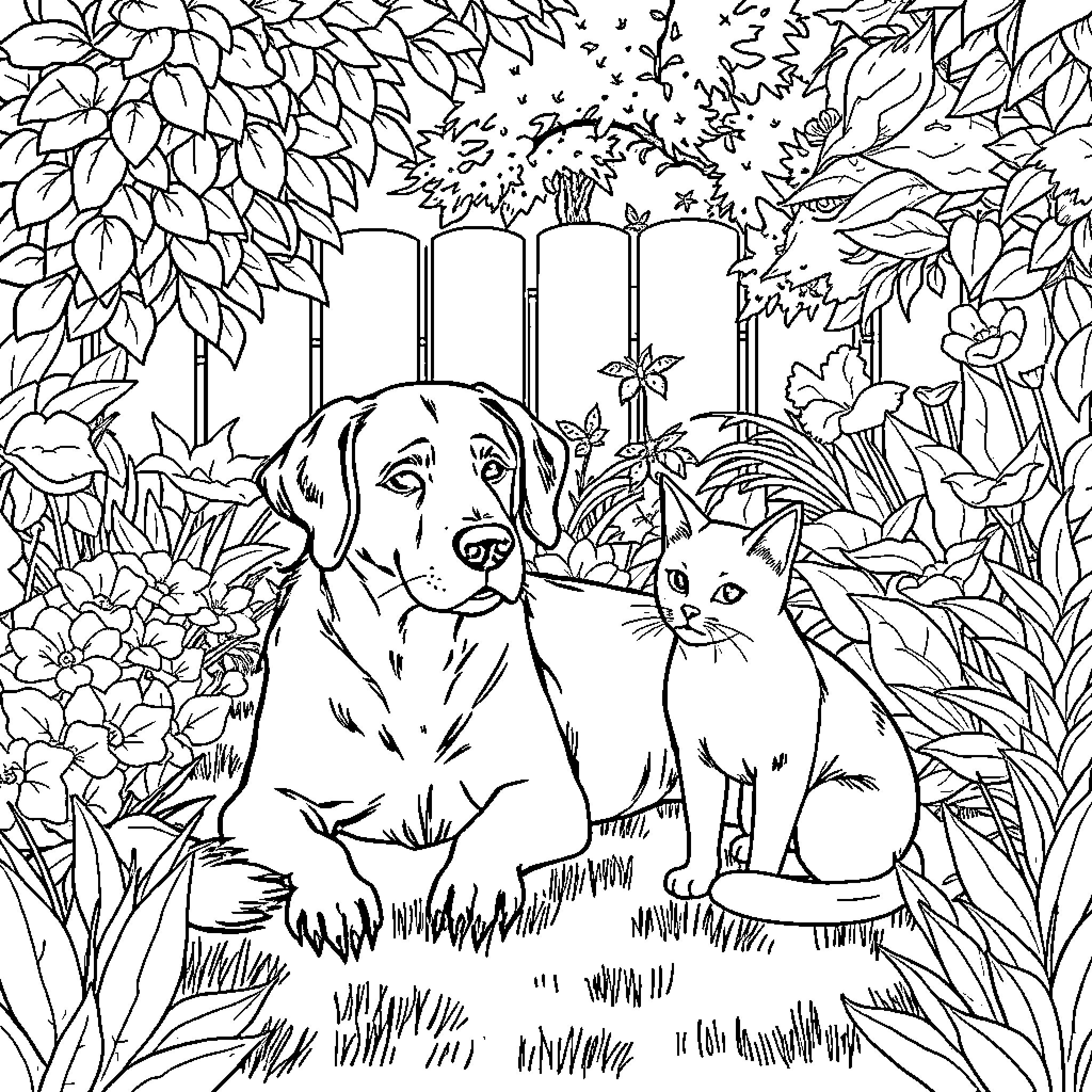 Dog and Cat in a Lush Garden Coloring Page (free black-and-white line drawing printable PDF for all, from beginners to advanced learners, including children, teens, adults, and seniors)