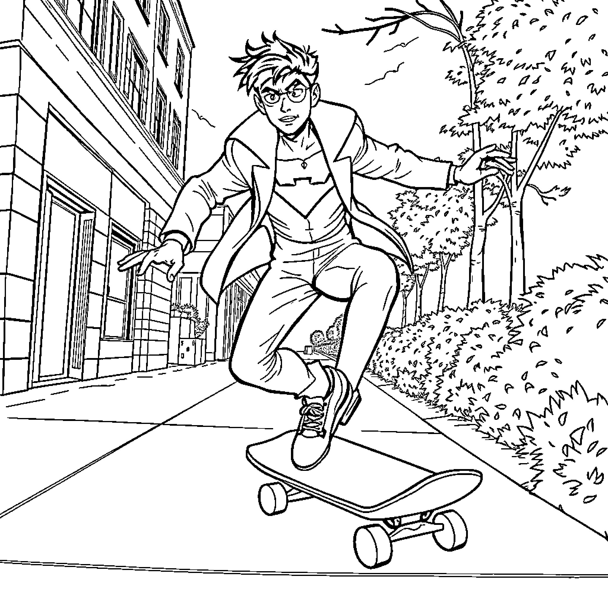 Danny Phantom skateboarding through the city Coloring Page (free black-and-white line drawing printable PDF for all, from beginners to advanced learners, including children, teens, adults, and seniors)