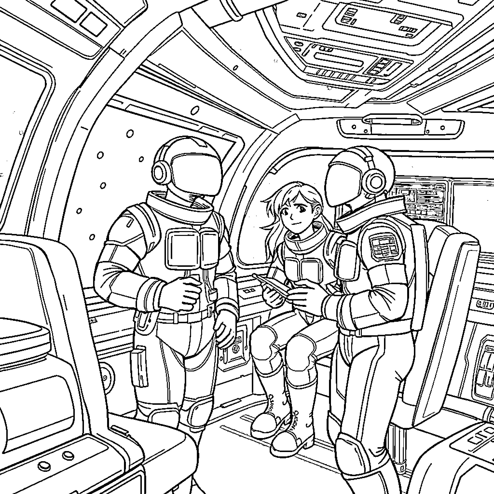 Among Us Astronauts in Futuristic Space Shuttle Coloring Page (free black-and-white line drawing printable PDF for all, from beginners to advanced learners, including children, teens, adults, and seniors)