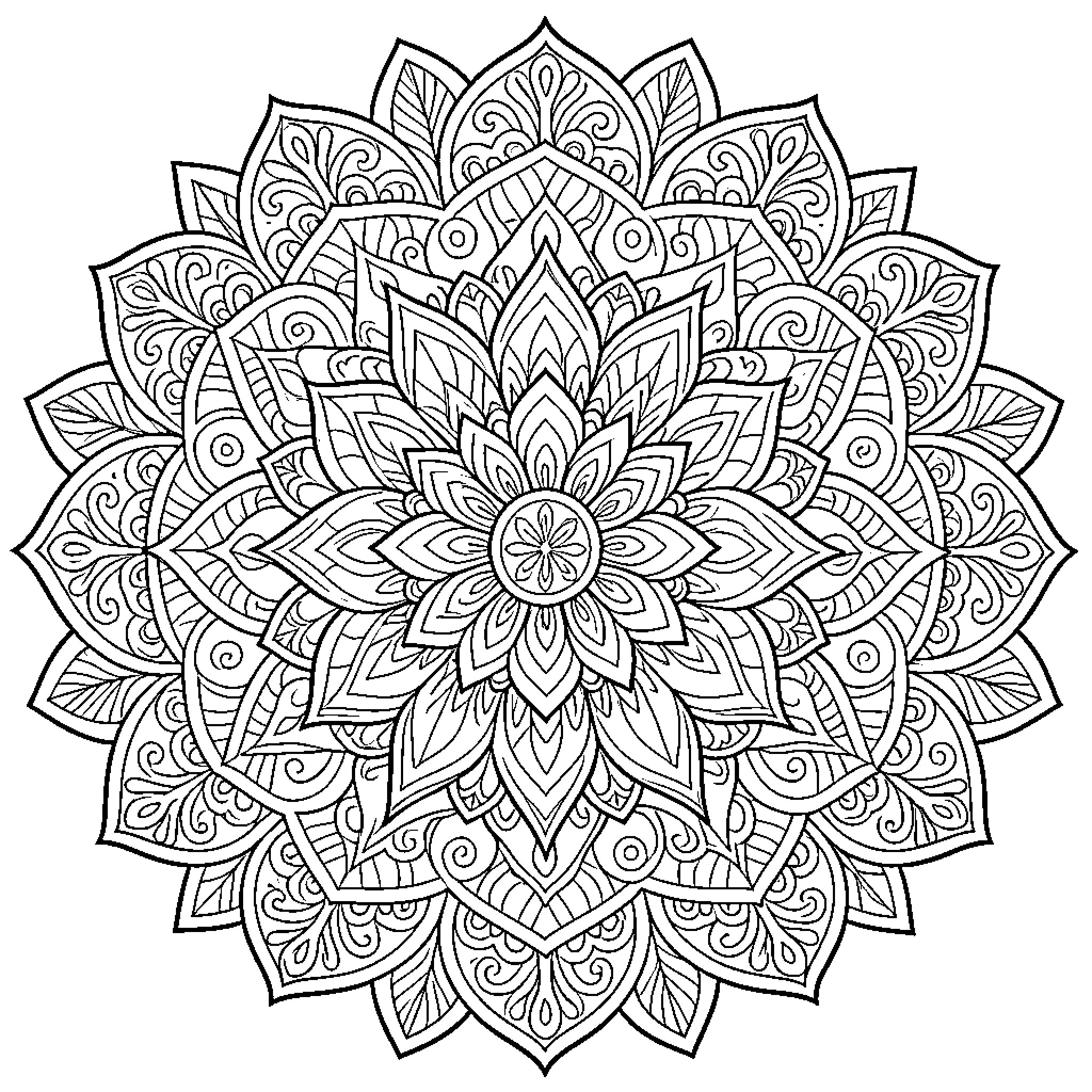 Mandala of intricate floral designs Coloring Page (free black-and-white line drawing printable PDF for all, from beginners to advanced learners, including children, teens, adults, and seniors)