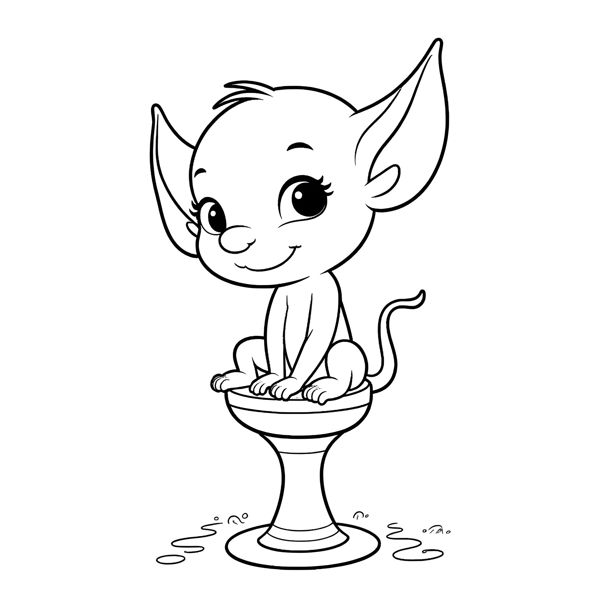 Goblin sitting happily in a bowl Coloring Page (free black-and-white line drawing printable PDF for all, from beginners to advanced learners, including children, teens, adults, and seniors)