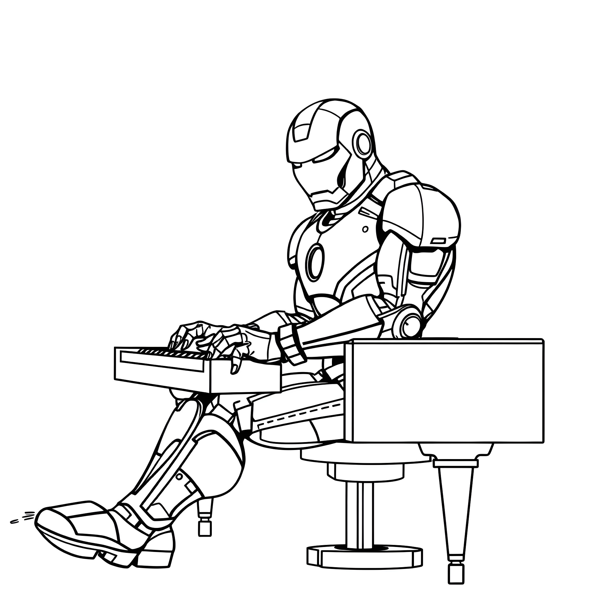 Iron Man Seated at Computer Workstation Coloring Page (free black-and-white line drawing printable PDF for all, from beginners to advanced learners, including children, teens, adults, and seniors)