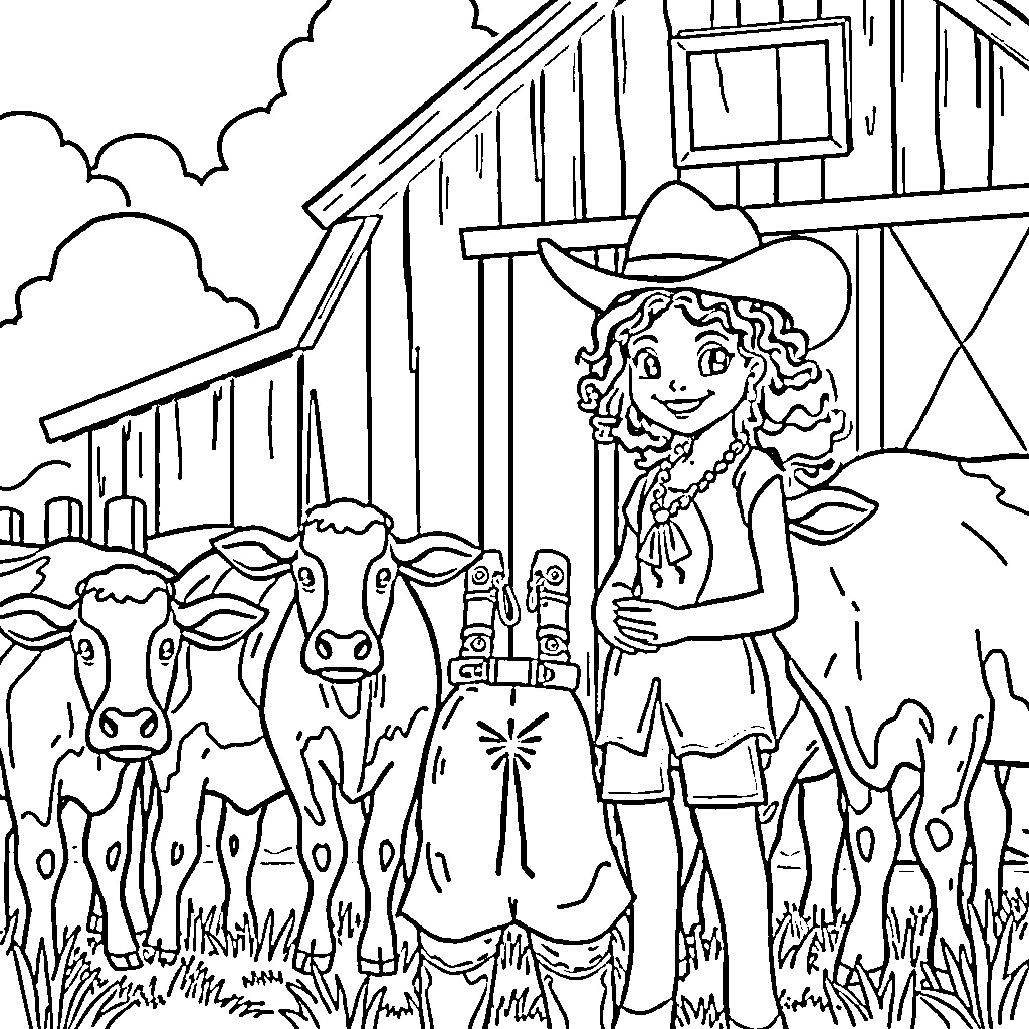 Cowgirl hanging out with her cattle friends Coloring Page (free black-and-white line drawing printable PDF for all, from beginners to advanced learners, including children, teens, adults, and seniors)