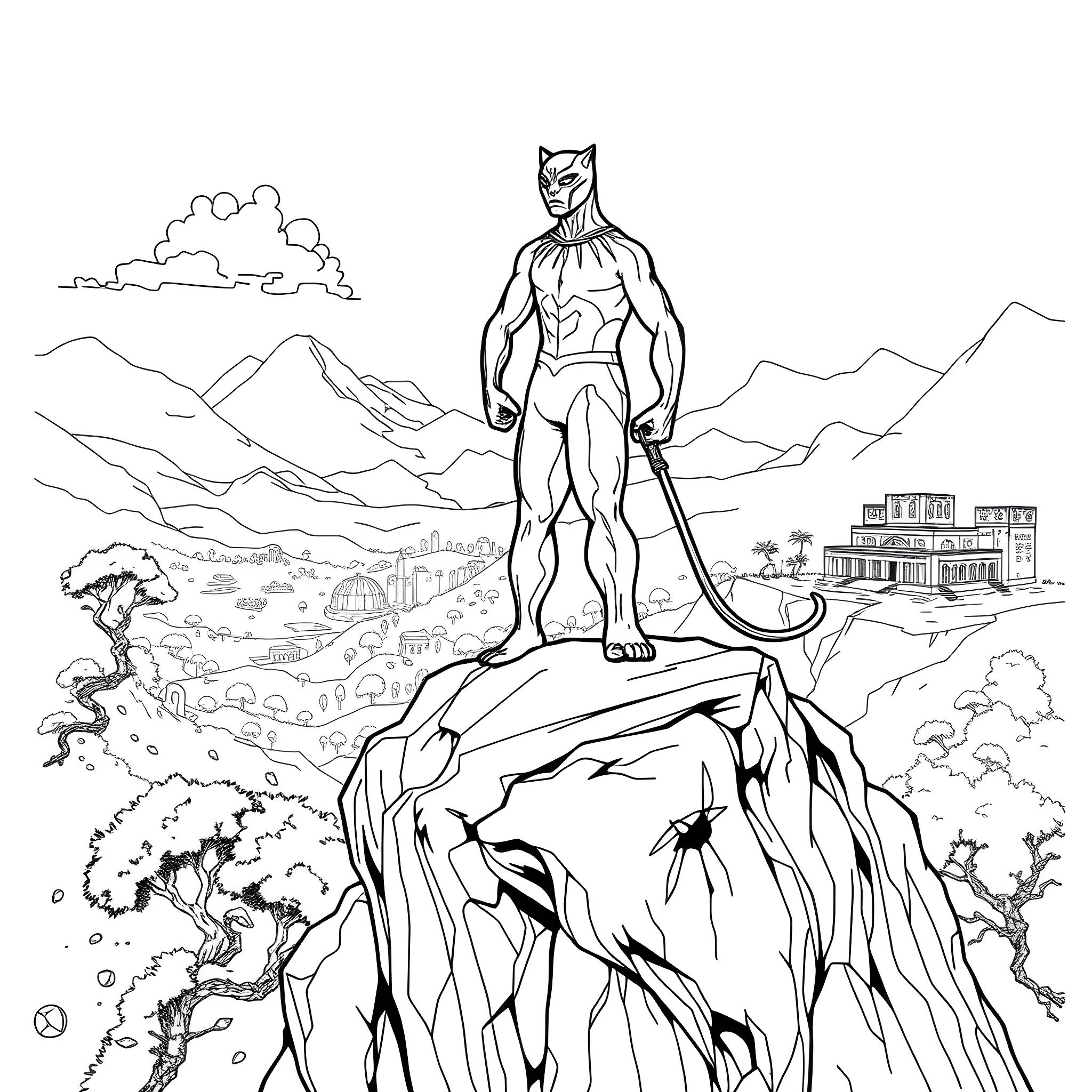 Panther hero surveying the landscape Coloring Page (free black-and-white line drawing printable PDF for all, from beginners to advanced learners, including children, teens, adults, and seniors)