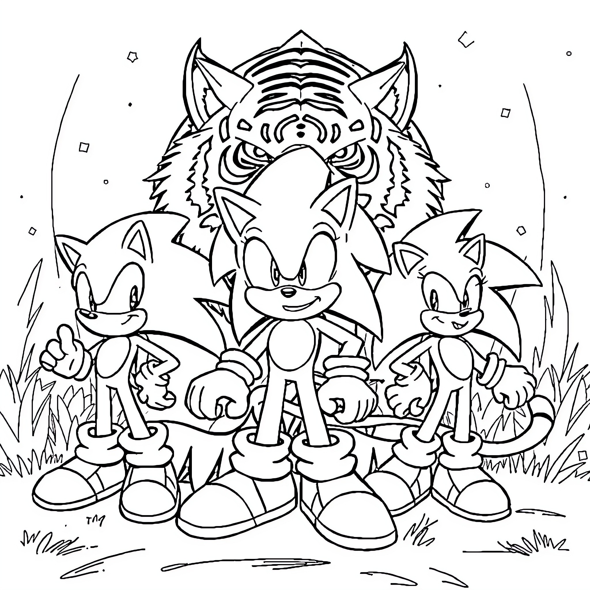 Sonic and Friends Playfully Exploring the Outdoors Coloring Page (free black-and-white line drawing printable PDF for all, from beginners to advanced learners, including children, teens, adults, and seniors)