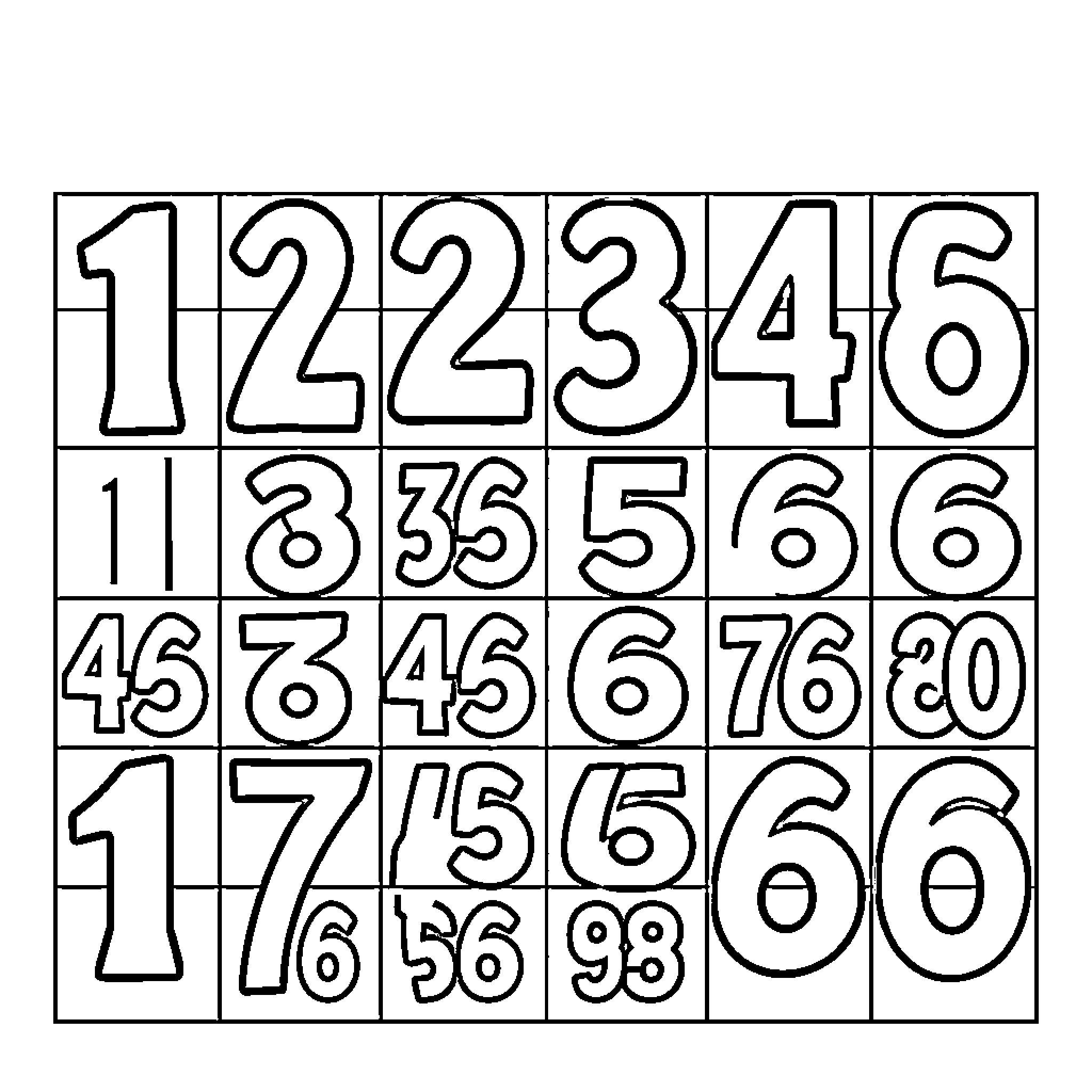 Number Grid of Numeric Symbols Coloring Page (free black-and-white line drawing printable PDF for all, from beginners to advanced learners, including children, teens, adults, and seniors)