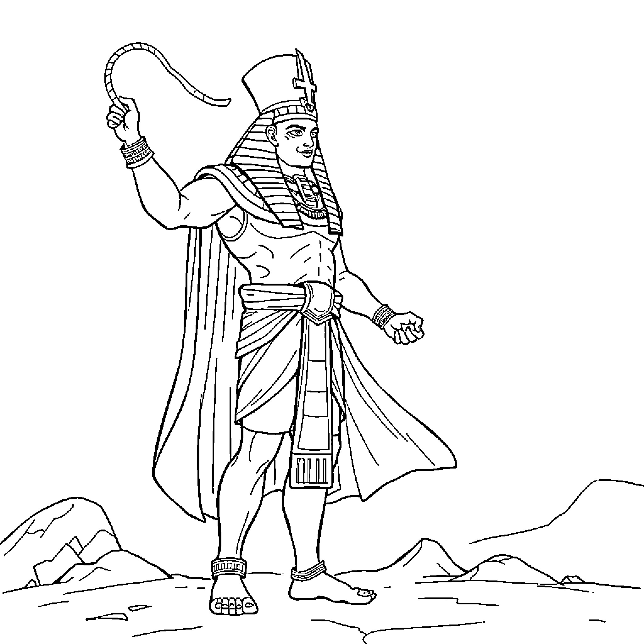 Pharaoh in traditional attire commanding authority Coloring Page (free black-and-white line drawing printable PDF for all, from beginners to advanced learners, including children, teens, adults, and seniors)