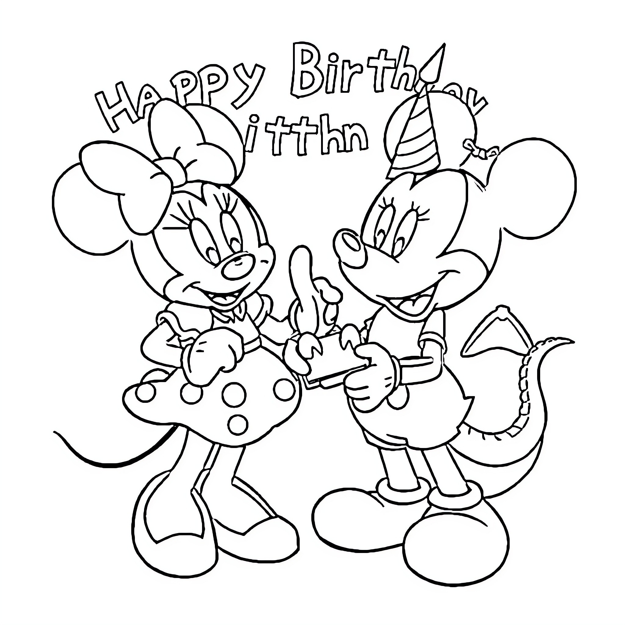 Minnie and Mickey celebrating a happy birthday Coloring Page (free black-and-white line drawing printable PDF for all, from beginners to advanced learners, including children, teens, adults, and seniors)
