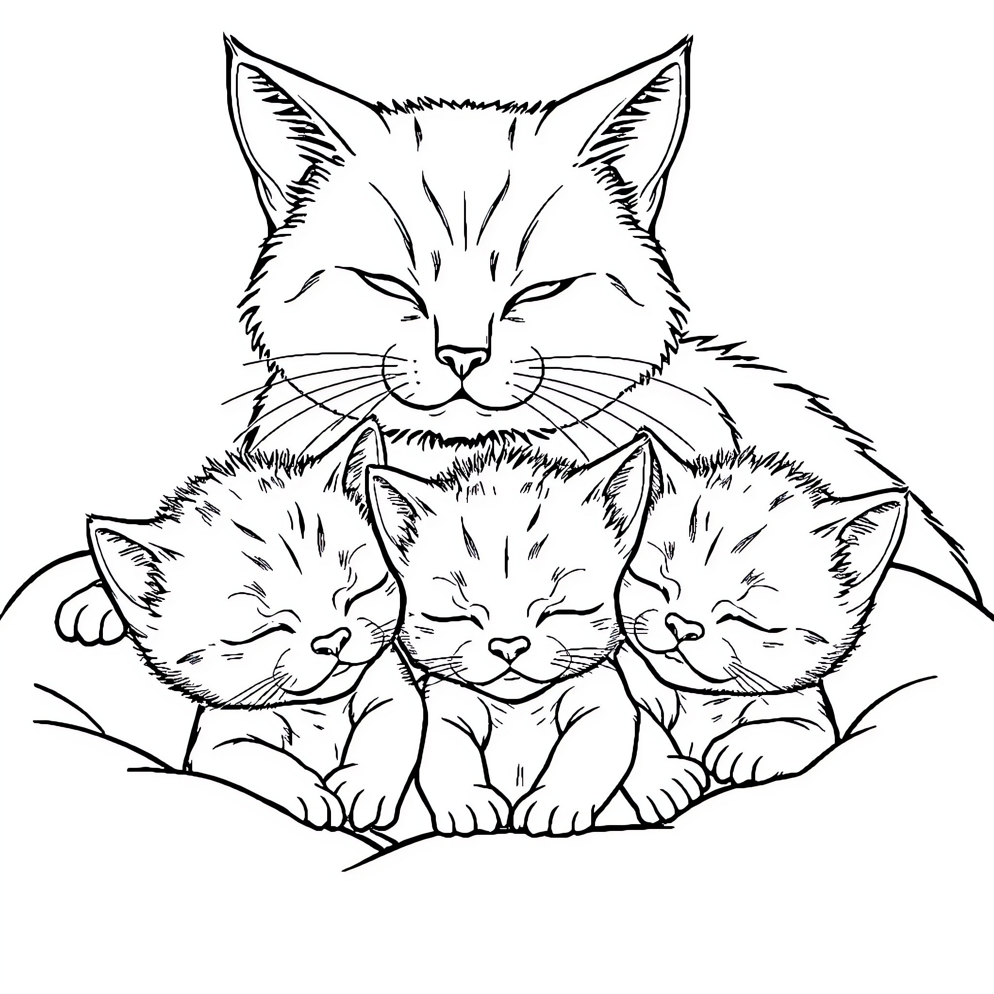 Kitten family cuddling together Coloring Page (free black-and-white line drawing printable PDF for all, from beginners to advanced learners, including children, teens, adults, and seniors)