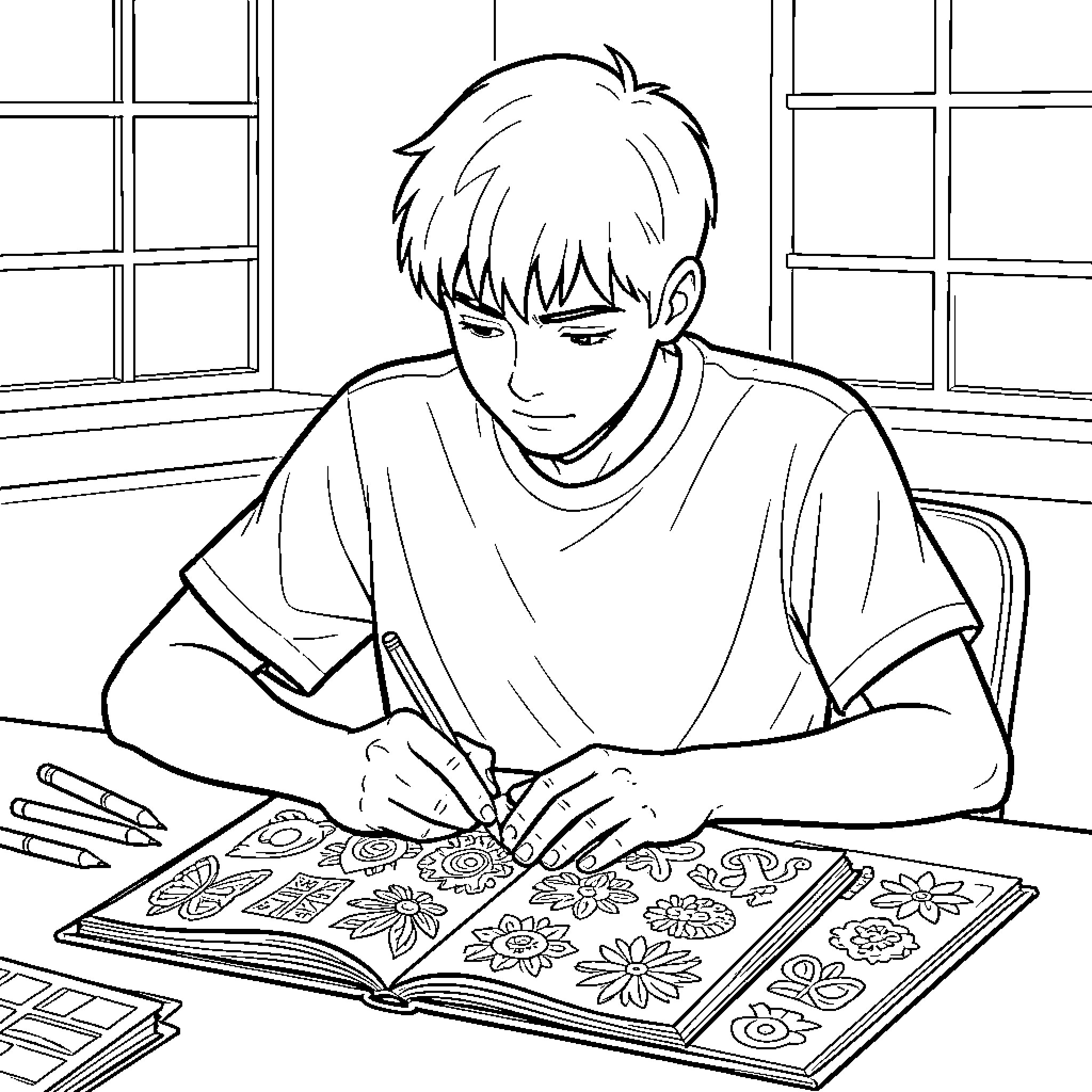 Teenage male focused on drawing floral patterns in a book Coloring Page (free black-and-white line drawing printable PDF for all, from beginners to advanced learners, including children, teens, adults, and seniors)