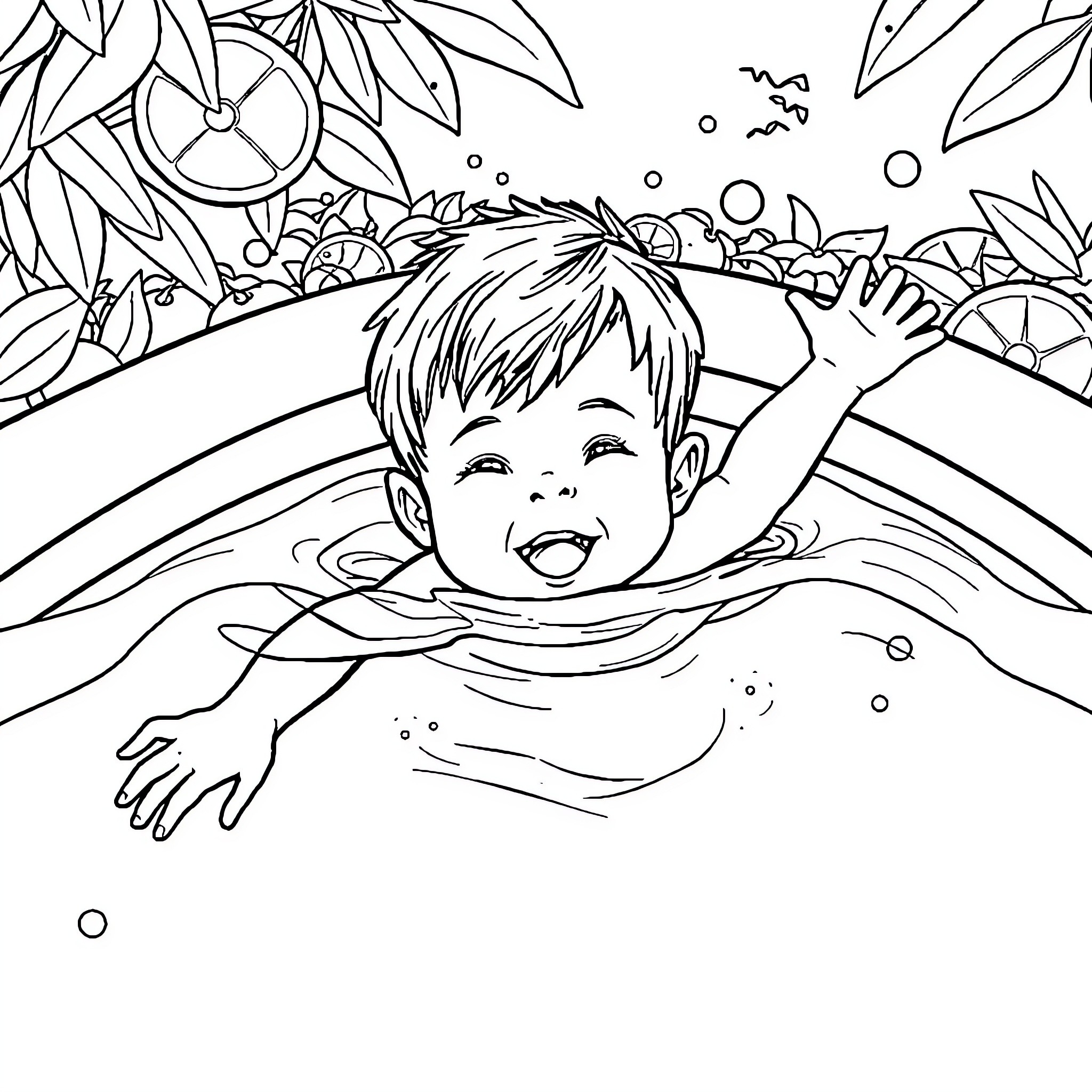 Boy joyfully swimming in tropical waters Coloring Page (free black-and-white line drawing printable PDF for all, from beginners to advanced learners, including children, teens, adults, and seniors)