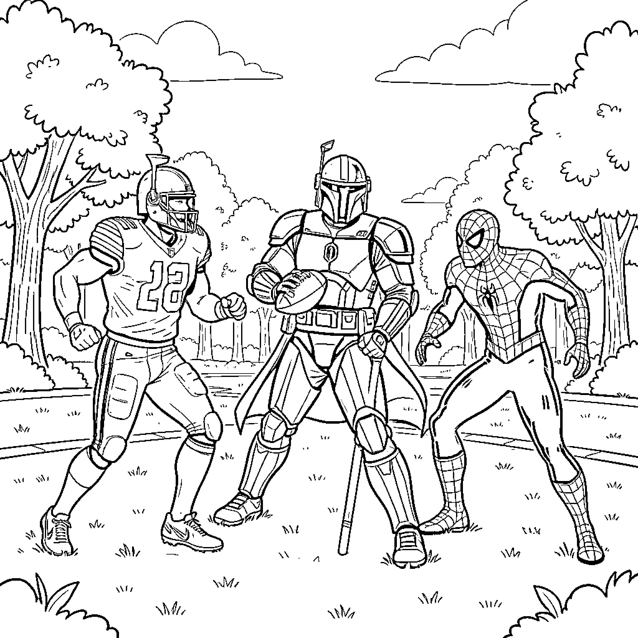 Quarterback and heroes playing football in a park Coloring Page (free black-and-white line drawing printable PDF for all, from beginners to advanced learners, including children, teens, adults, and seniors)