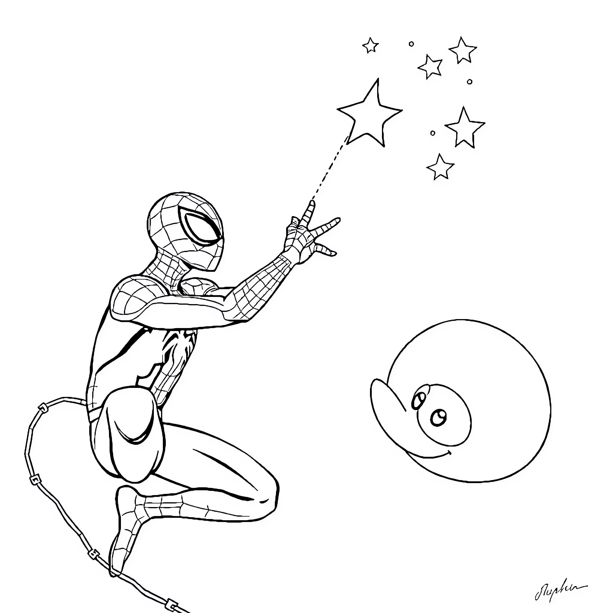 Spiderman Swinging and Shooting Stars Coloring Page (free black-and-white line drawing printable PDF for all, from beginners to advanced learners, including children, teens, adults, and seniors)