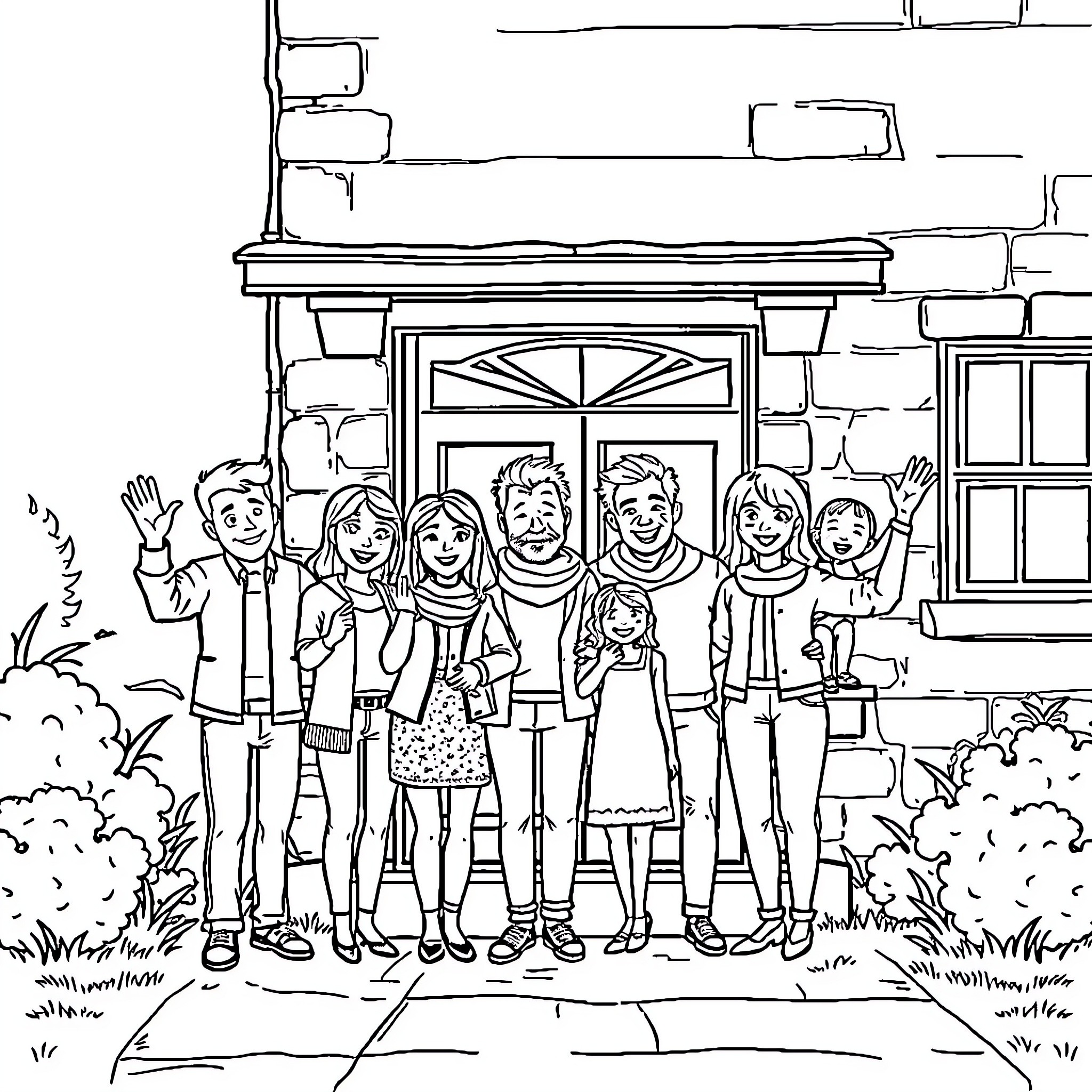Family Enjoying Time Together Outdoors Coloring Page (free black-and-white line drawing printable PDF for all, from beginners to advanced learners, including children, teens, adults, and seniors)