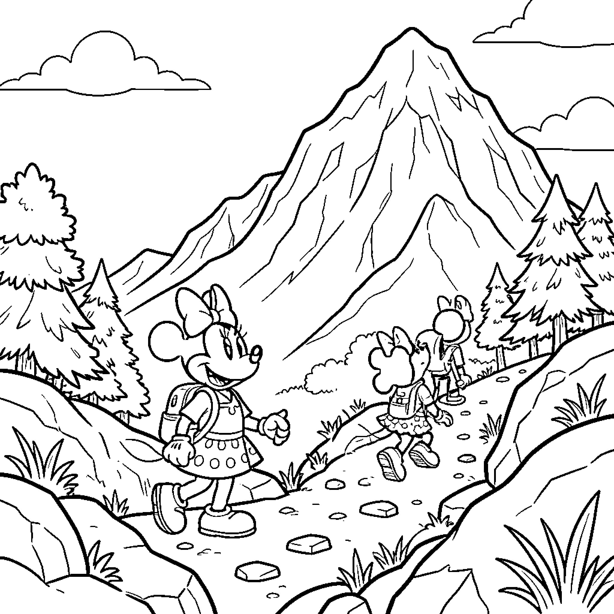 Minnie walking along a mountain path with friends Coloring Page (free black-and-white line drawing printable PDF for all, from beginners to advanced learners, including children, teens, adults, and seniors)
