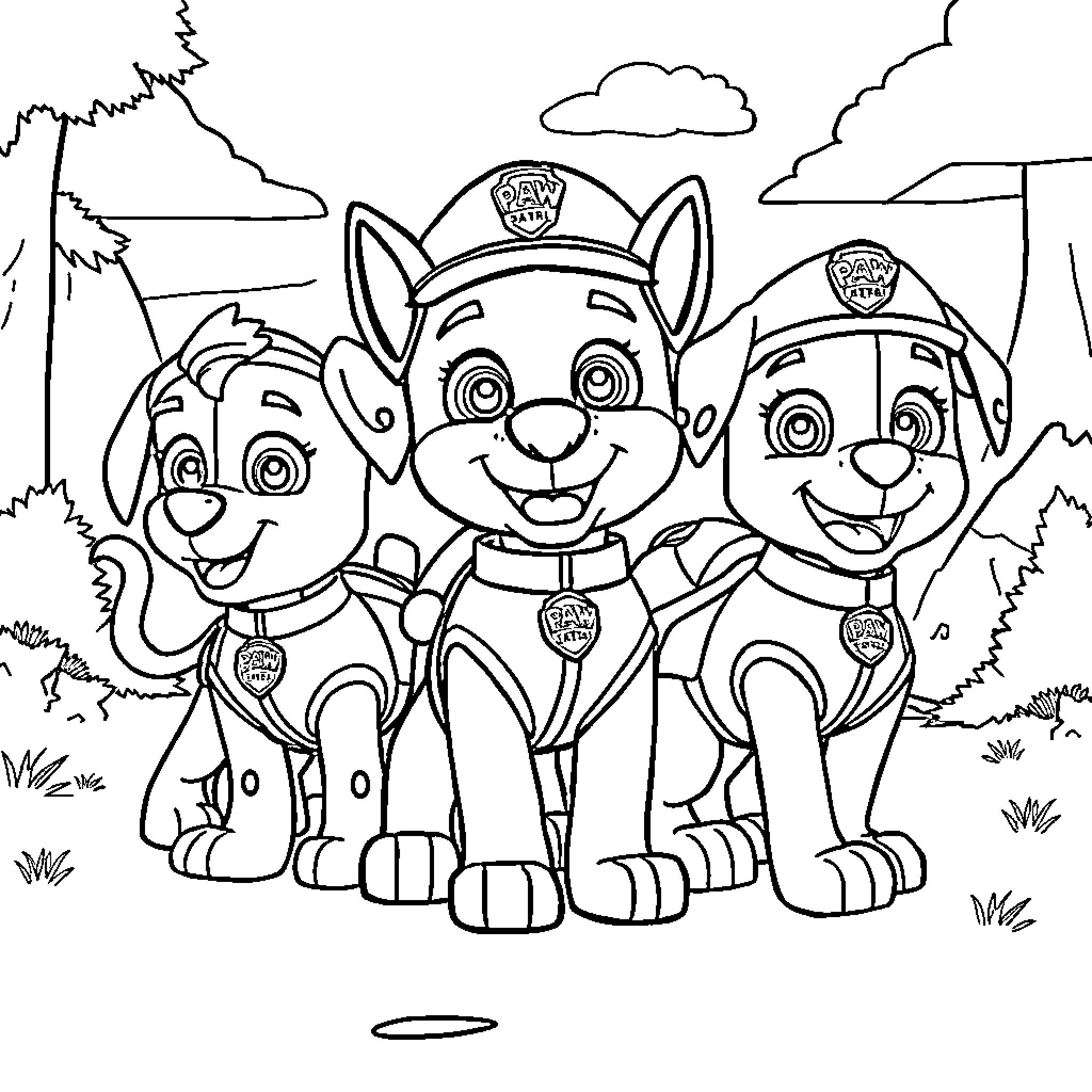 Paw Patrol Pups Smile and Pose for Adventure Coloring Page (free black-and-white line drawing printable PDF for all, from beginners to advanced learners, including children, teens, adults, and seniors)