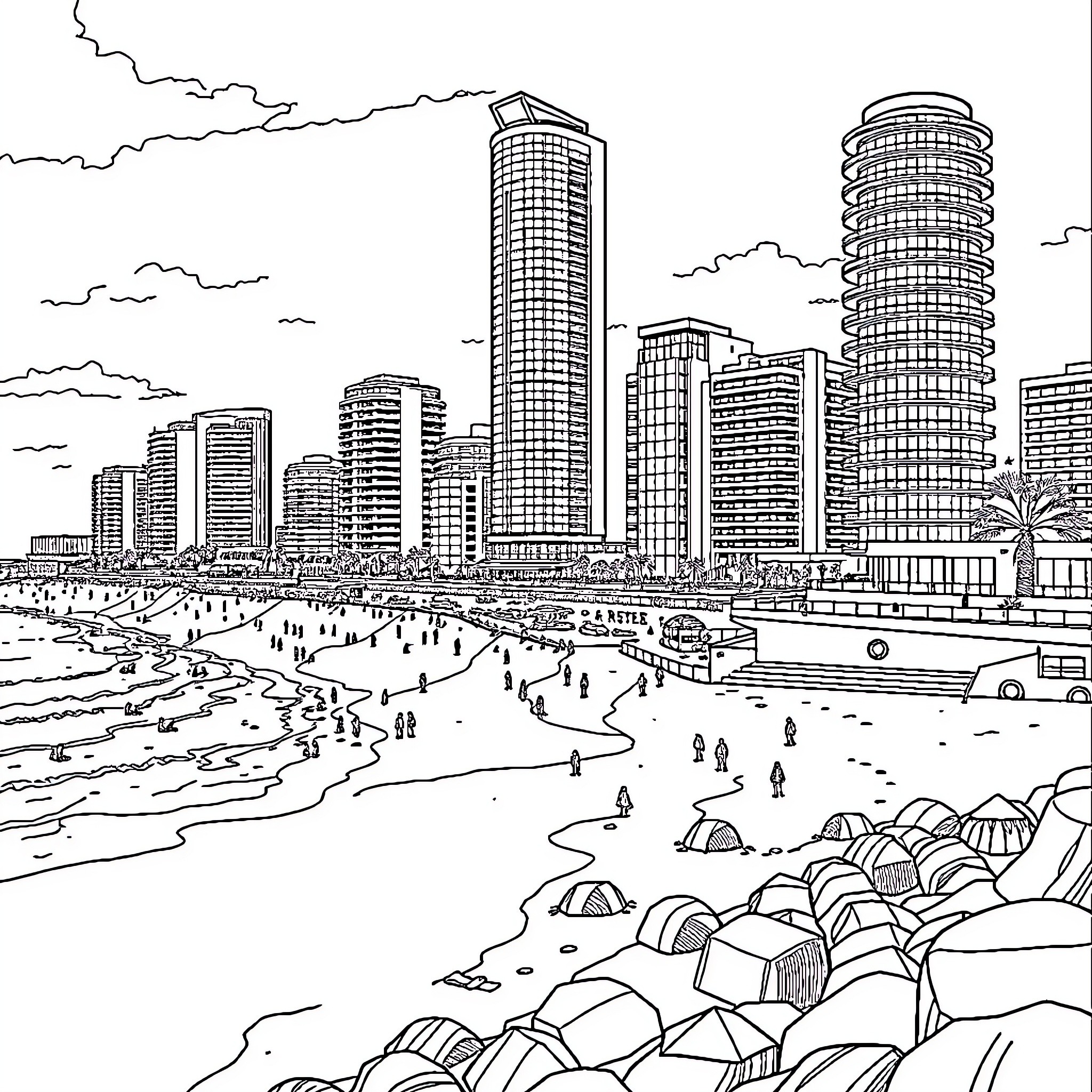 La Grande Motte: Bustling Cityscape with Beach Scenery Coloring Page (free black-and-white line drawing printable PDF for all, from beginners to advanced learners, including children, teens, adults, and seniors)