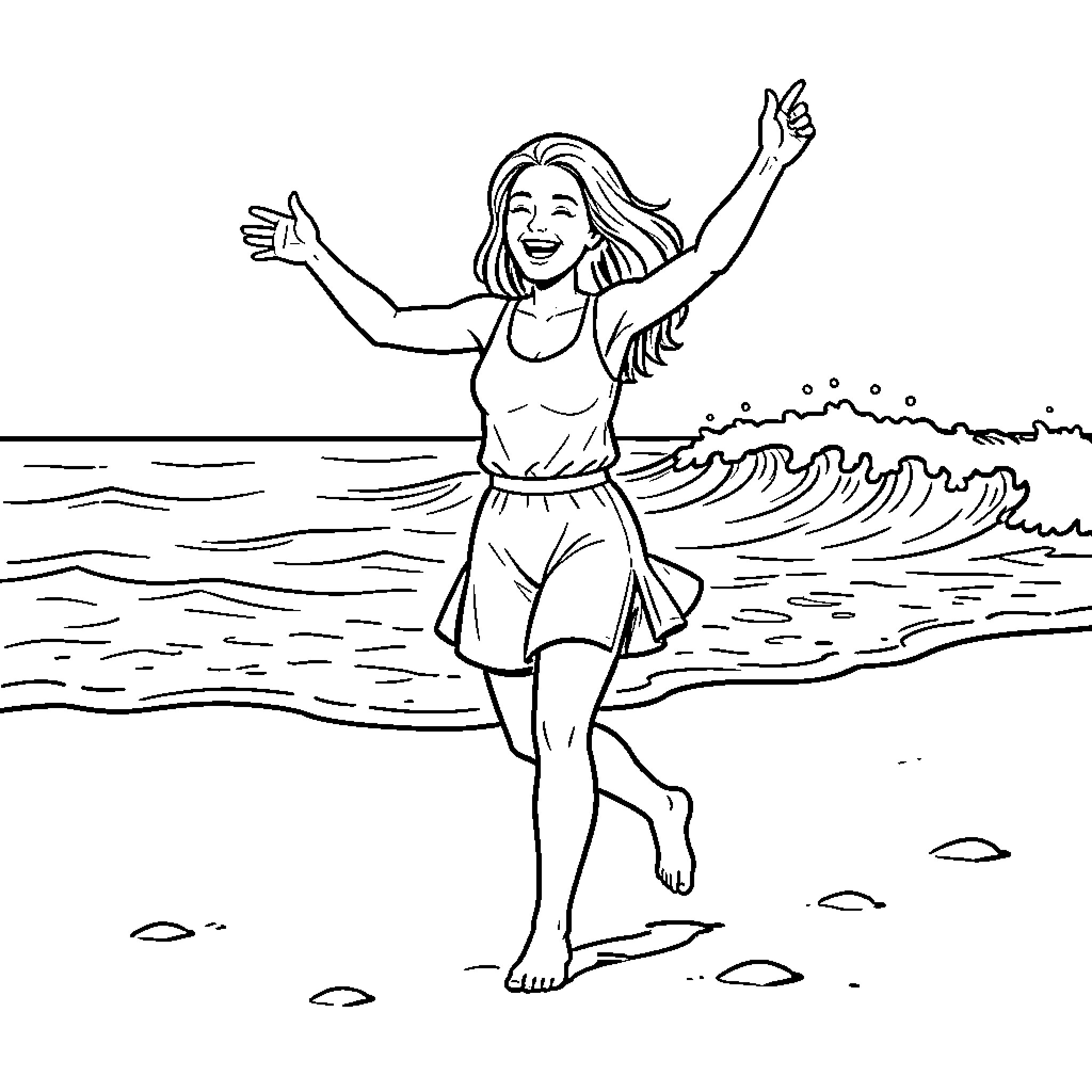 Stevie Wynne Levine joyful woman dancing on the beach Coloring Page (free black-and-white line drawing printable PDF for all, from beginners to advanced learners, including children, teens, adults, and seniors)