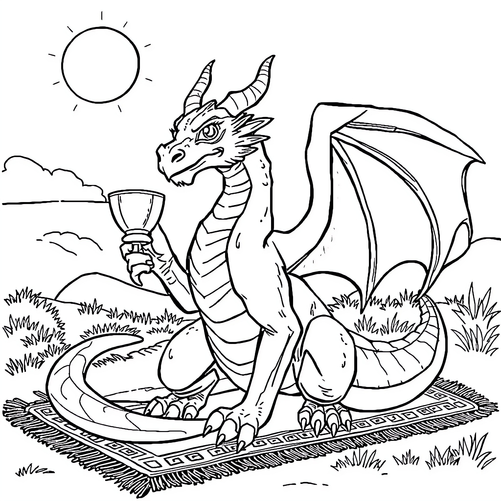Dragon drinking tea on a magic carpet Coloring Page (free black-and-white line drawing printable PDF for all, from beginners to advanced learners, including children, teens, adults, and seniors)